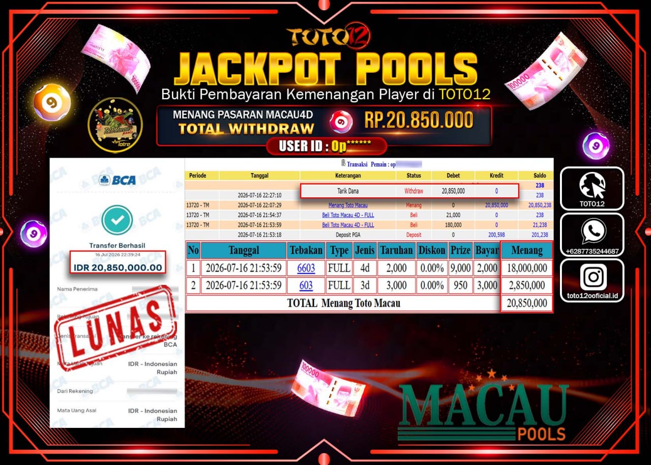 HANYA DI TOTO12 JP PASTI DI BAYAR LUNAS DAN CEPAT!!!!!! JACKPOT POOLS PASARAN (MACAU 4D) Rp20.850.000!!!!