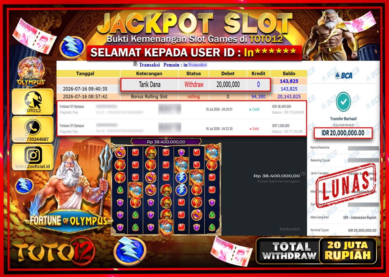 HANYA DI TOTO12 JP PASTI DI BAYAR LUNAS DAN CEPAT!!!!!! JACKPOT SLOT GAME (FORTUNE OF OLYMPUS) Rp20.000.000!!!!