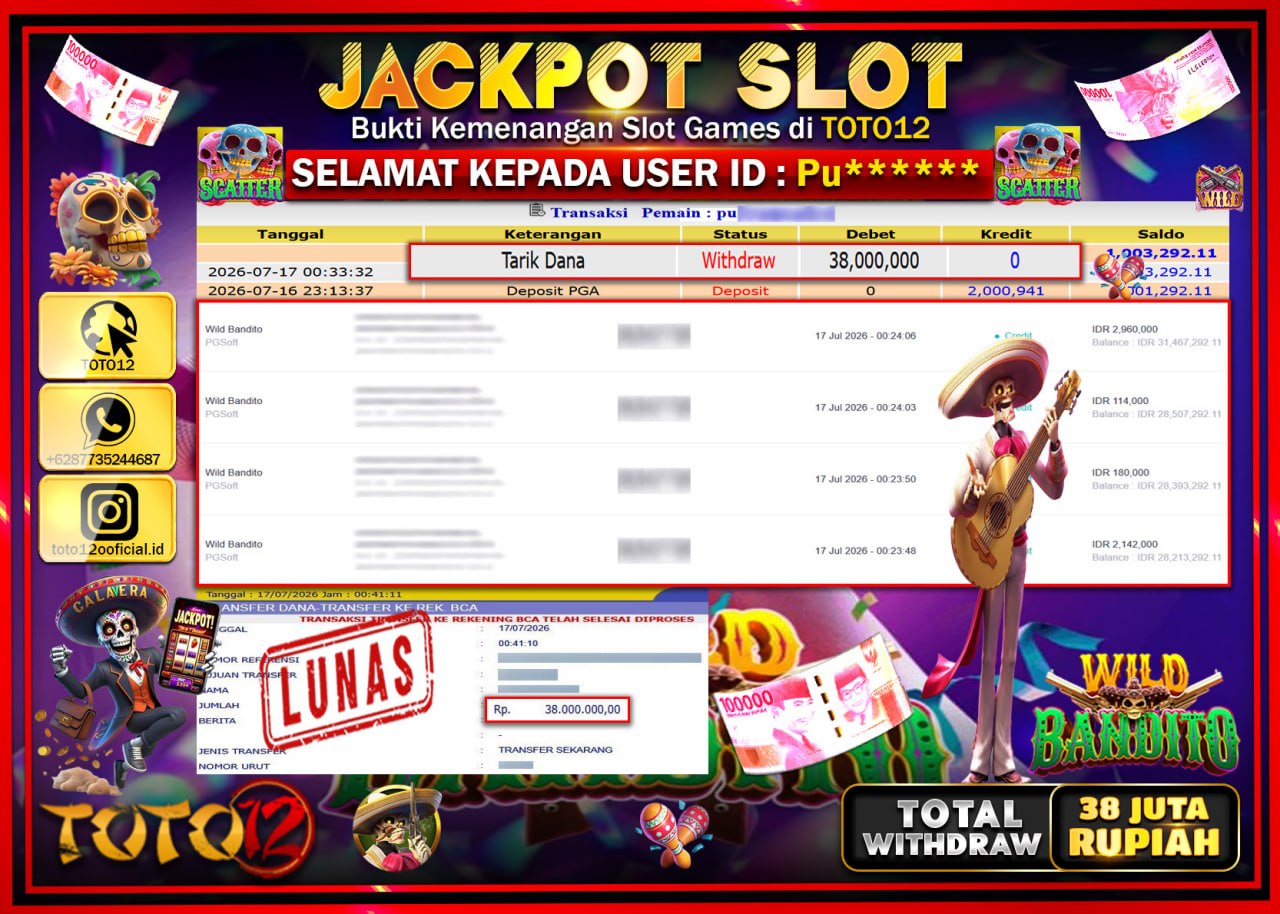 HANYA DI TOTO12 JP PASTI DI BAYAR LUNAS DAN CEPAT!!!!!! JACKPOT SLOT GAME (WILD BANDITO) Rp38.000.000!!!!