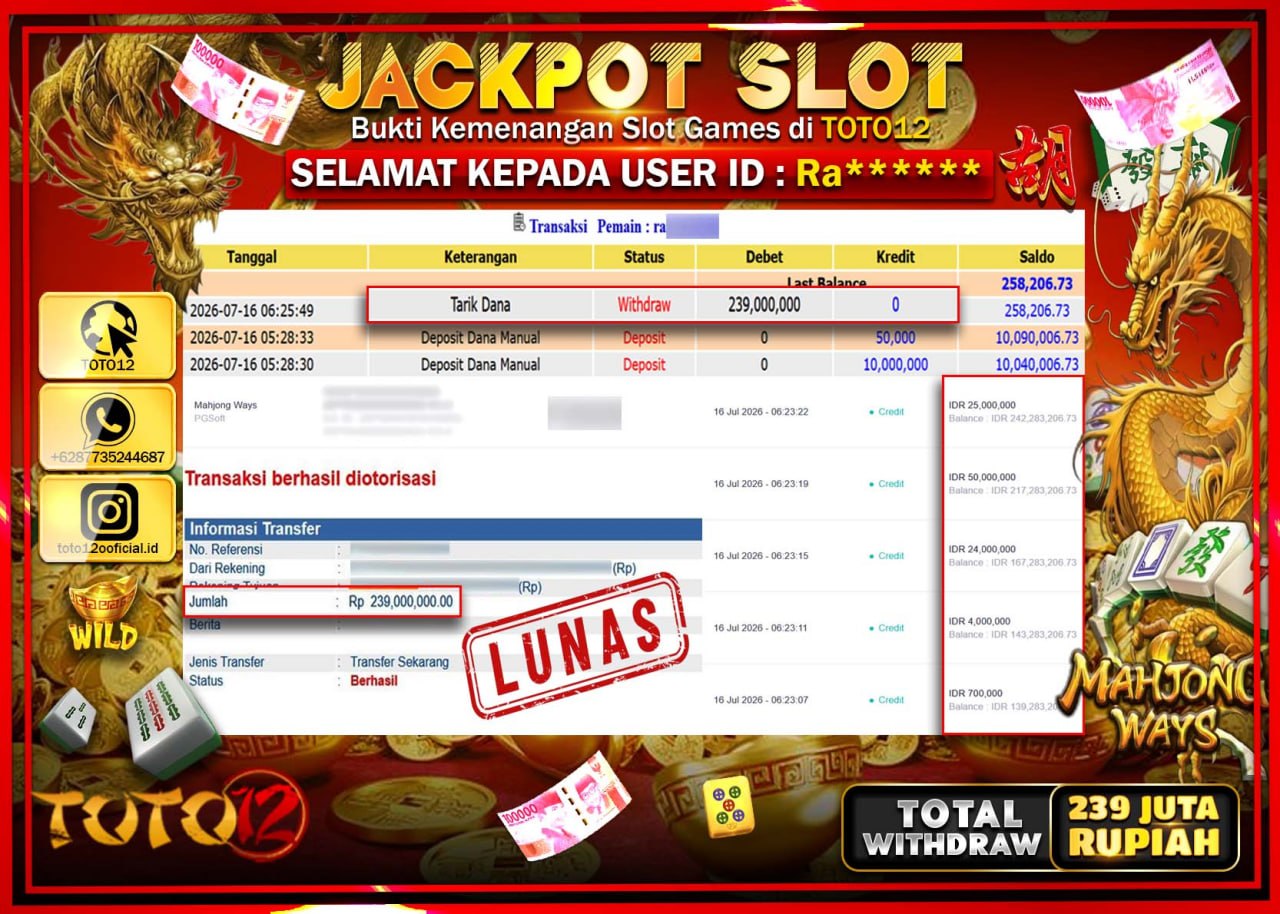 HANYA DI TOTO12 JP PASTI DI BAYAR LUNAS DAN CEPAT!!!!!! JACKPOT SLOT GAME (MAHJONG WAYS) Rp239.000.000!!!!