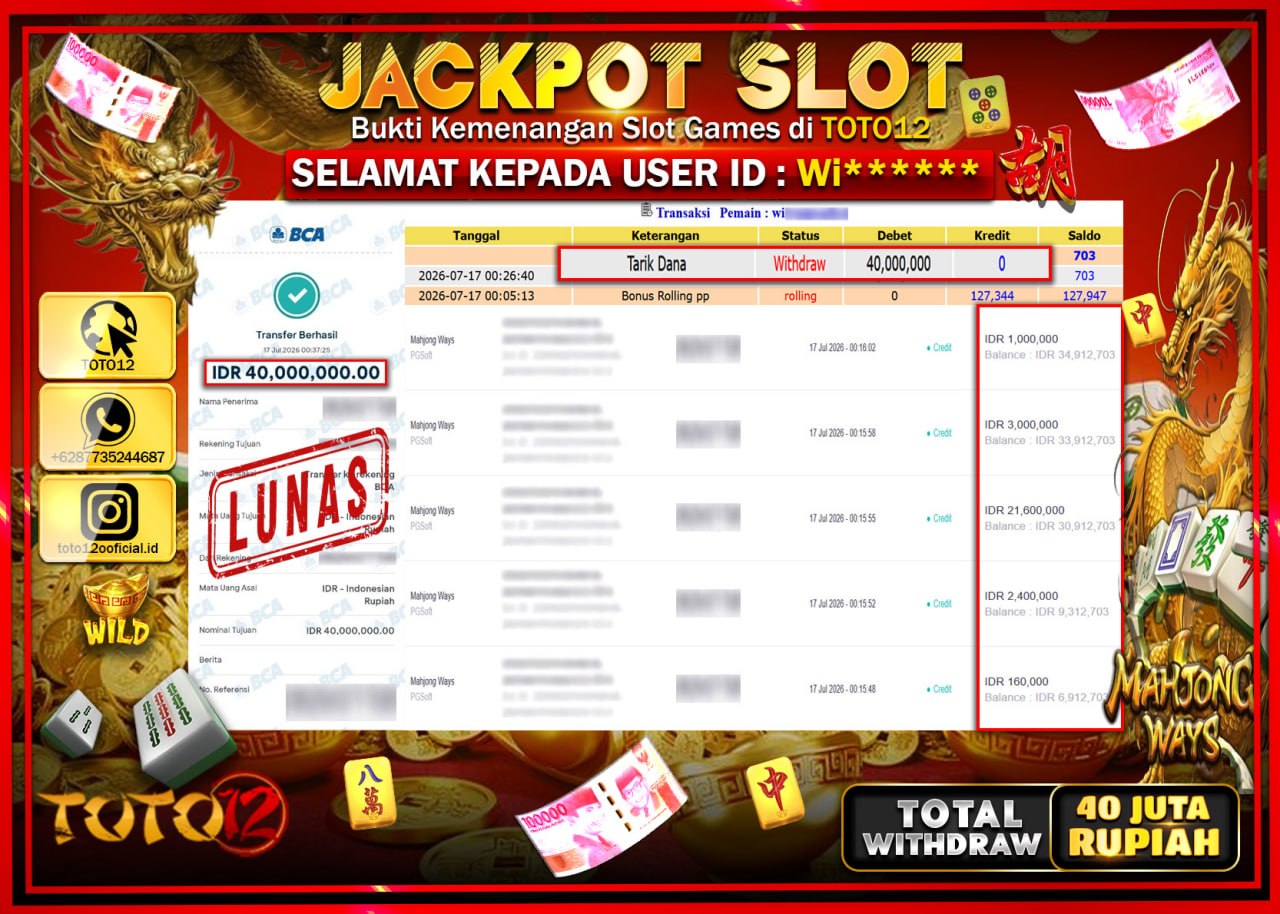 HANYA DI TOTO12 JP PASTI DI BAYAR LUNAS DAN CEPAT!!!!!! JACKPOT SLOT GAME (MAHJONG WAYS) Rp40.000.000!!!!