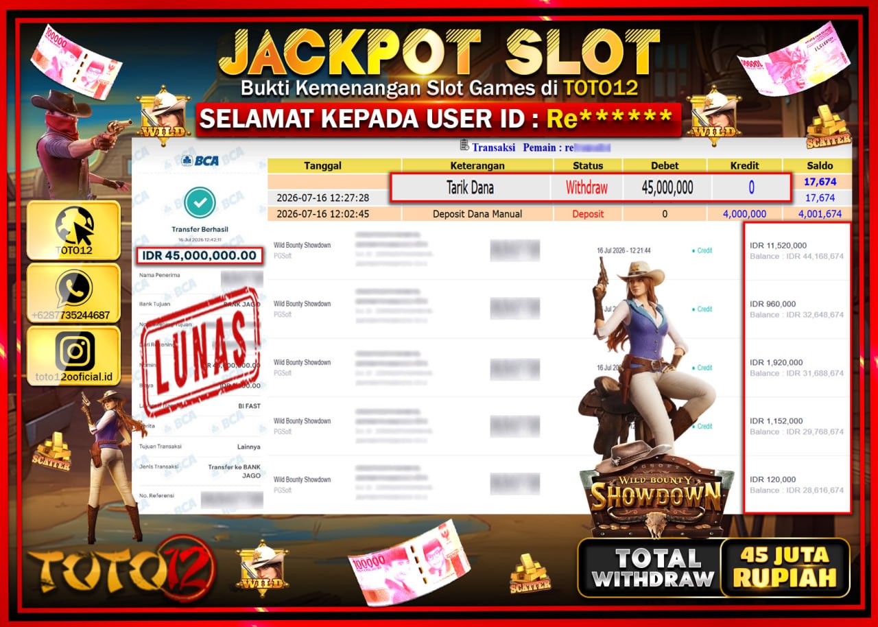 HANYA DI TOTO12 JP PASTI DI BAYAR LUNAS DAN CEPAT!!!!!! JACKPOT SLOT GAME (WILD BOUNTY SHOWDOWN) Rp45.000.000!!!!