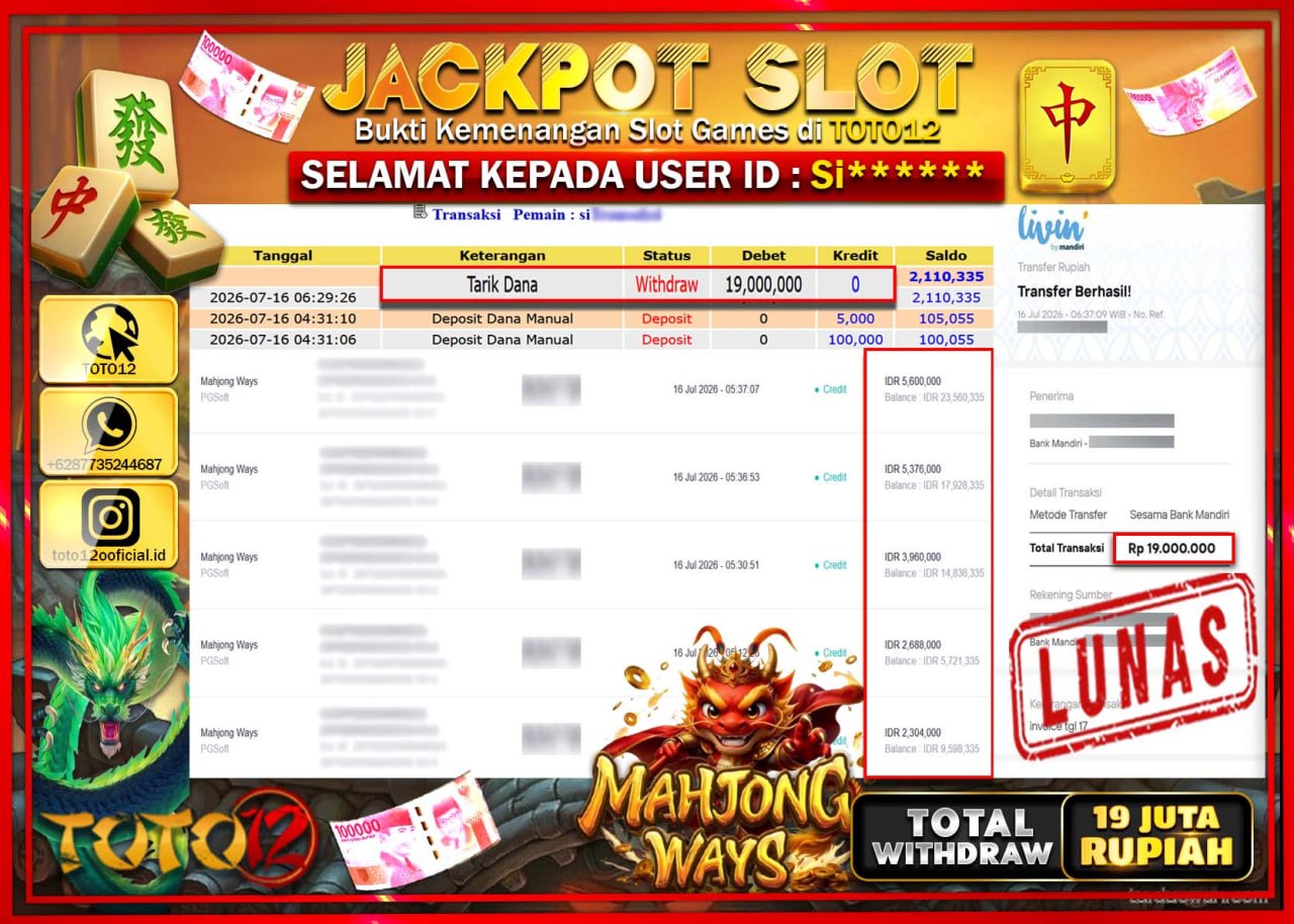 HANYA DI TOTO12 JP PASTI DI BAYAR LUNAS DAN CEPAT!!!!!! JACKPOT SLOT GAME (MAHJONG WAYS) Rp19.000.000!!!!