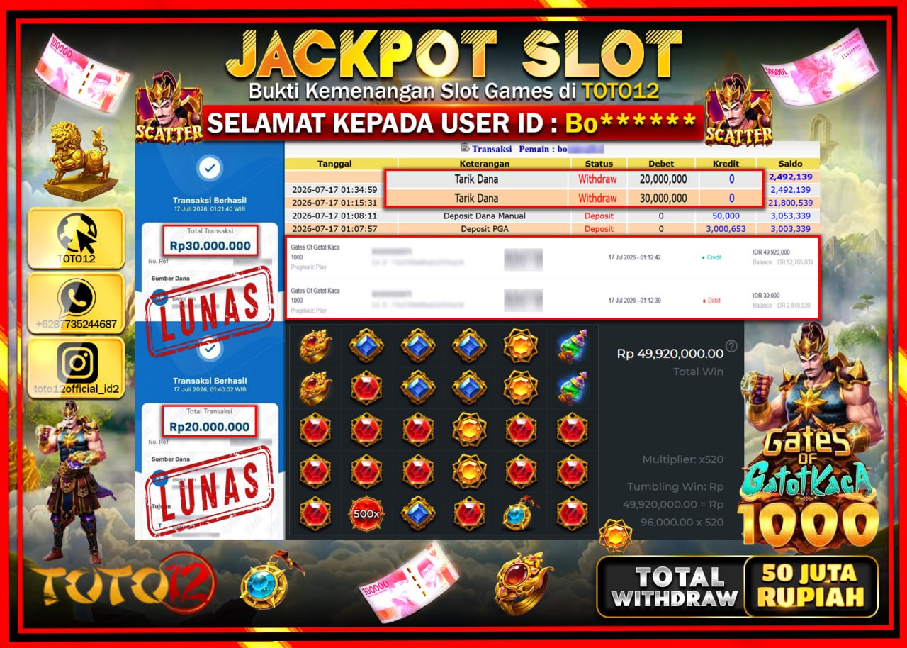 HANYA DI TOTO12 JP PASTI DI BAYAR LUNAS DAN CEPAT!!!!!! JACKPOT SLOT GAME (GATES OF GATOT KACA 1000) Rp50.000.000!!!!