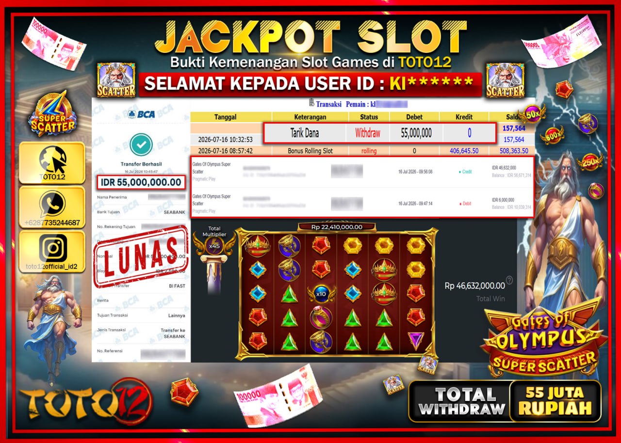 HANYA DI TOTO12 JP PASTI DI BAYAR LUNAS DAN CEPAT!!!!!! JACKPOT SLOT GAME (GATES OF OLYMPUS SUPER SCATTER) Rp55.000.000!!!!