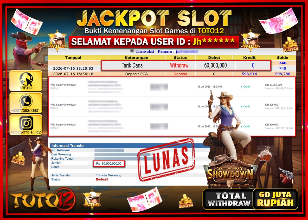 HANYA DI TOTO12 JP PASTI DI BAYAR LUNAS DAN CEPAT!!!!!! JACKPOT SLOT GAME (WILD BOUNTY SHOWDOWN) Rp60.000.000!!!!