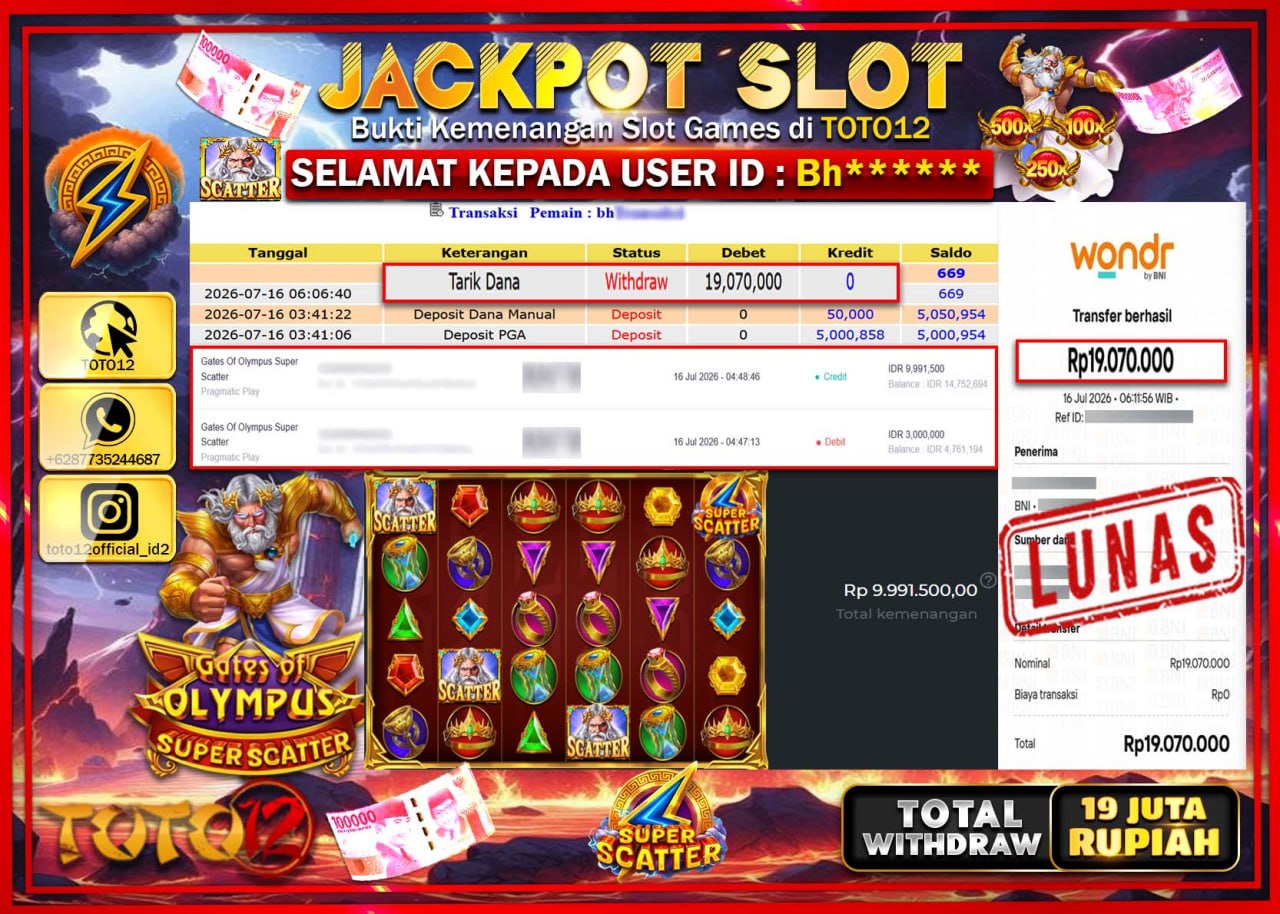 HANYA DI TOTO12 JP PASTI DI BAYAR LUNAS DAN CEPAT!!!!!! JACKPOT SLOT GAME (GATES OF OLYMPUS SUPER SCATTER) Rp19.070.000!!!!