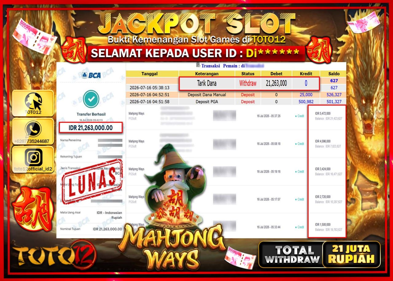 HANYA DI TOTO12 JP PASTI DI BAYAR LUNAS DAN CEPAT!!!!!! JACKPOT SLOT GAME (MAHJONG WAYS) Rp21.263.000!!!!