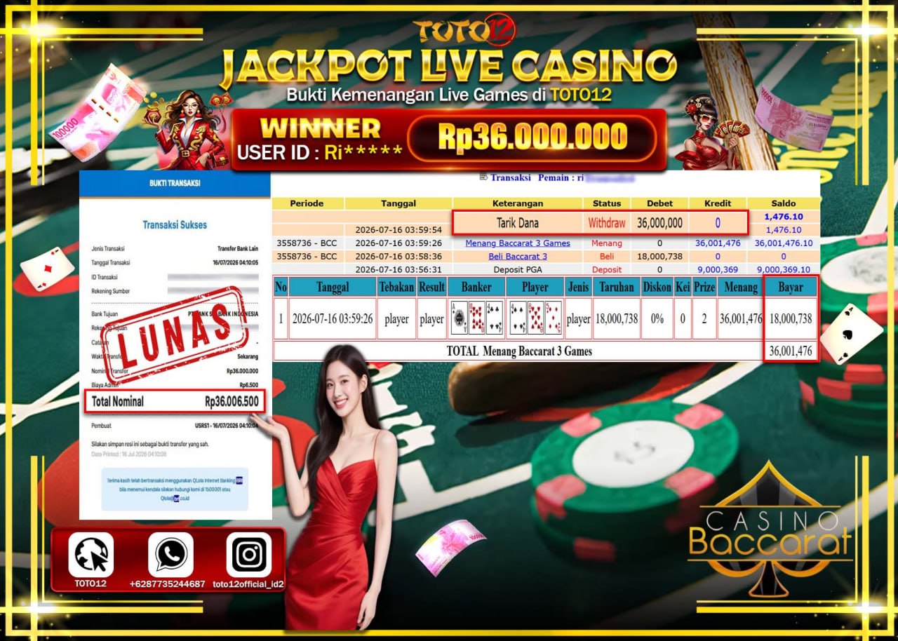 HANYA DI TOTO12 JP PASTI DI BAYAR LUNAS DAN CEPAT!!!!!! JACKPOT  LIVE GAME CASINO (BACCARAT 3) Rp36.000.000!!!!