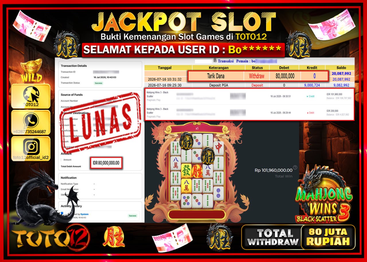 HANYA DI TOTO12 JP PASTI DI BAYAR LUNAS DAN CEPAT!!!!!! JACKPOT SLOT GAME (MAHJONG WINS 3 BLACK SCATTER) Rp80.000.000!!!!