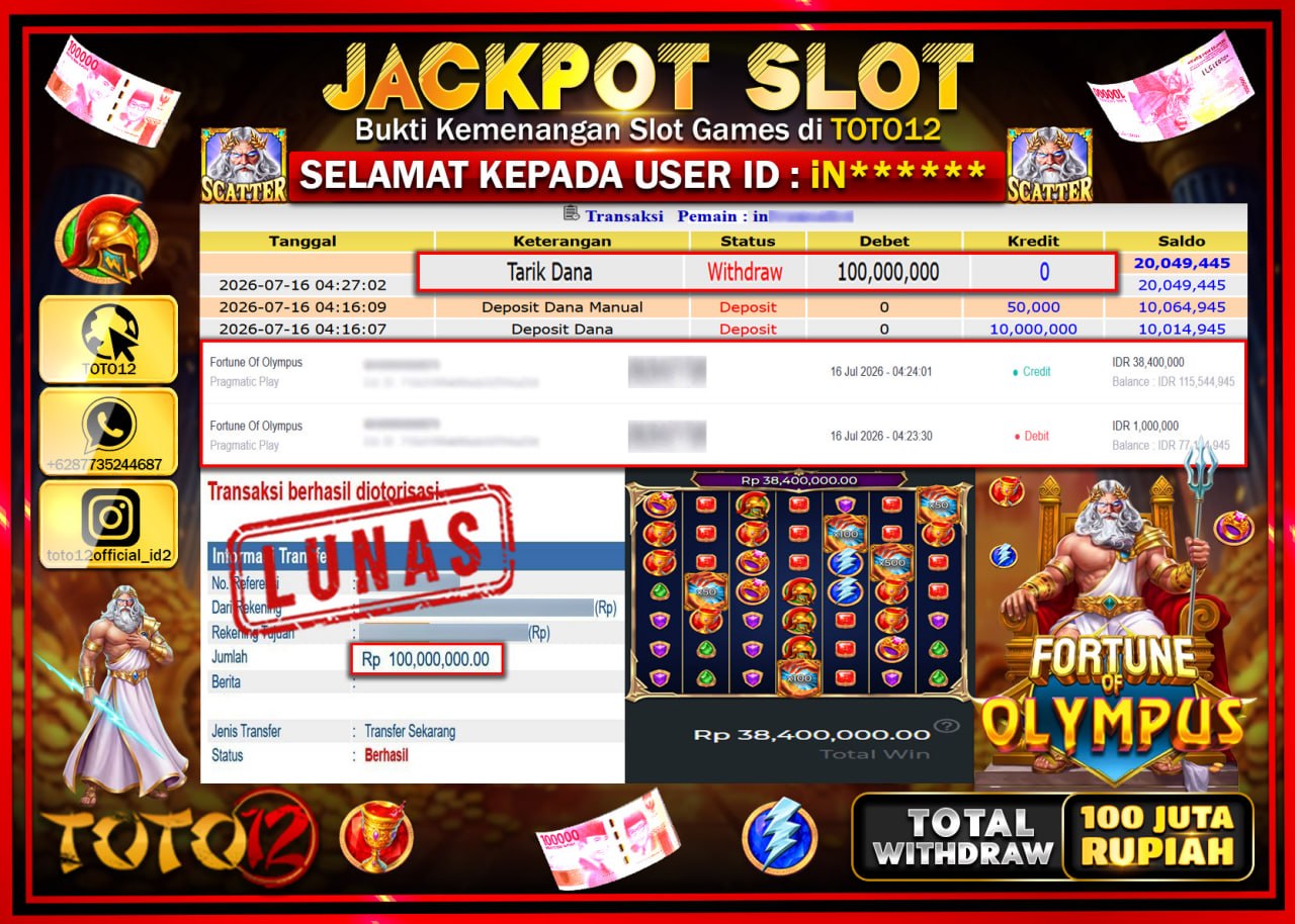 HANYA DI TOTO12 JP PASTI DI BAYAR LUNAS DAN CEPAT!!!!!! JACKPOT SLOT GAME (FORTUNE OF OLYMPUS) Rp100.000.000!!!!