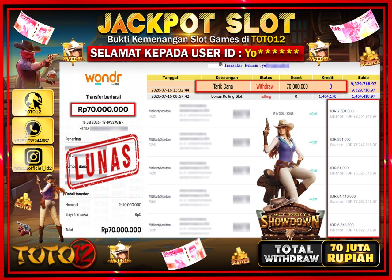 HANYA DI TOTO12 JP PASTI DI BAYAR LUNAS DAN CEPAT!!!!!! JACKPOT SLOT GAME (WILD BOUNTY SHOWDOWN) Rp70.000.000!!!!
