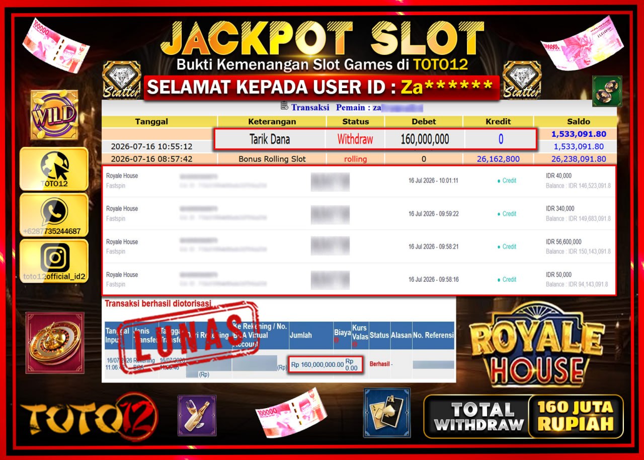 HANYA DI TOTO12 JP PASTI DI BAYAR LUNAS DAN CEPAT!!!!!! JACKPOT SLOT GAME (ROYALE HOUSE) Rp160.000.000!!!!