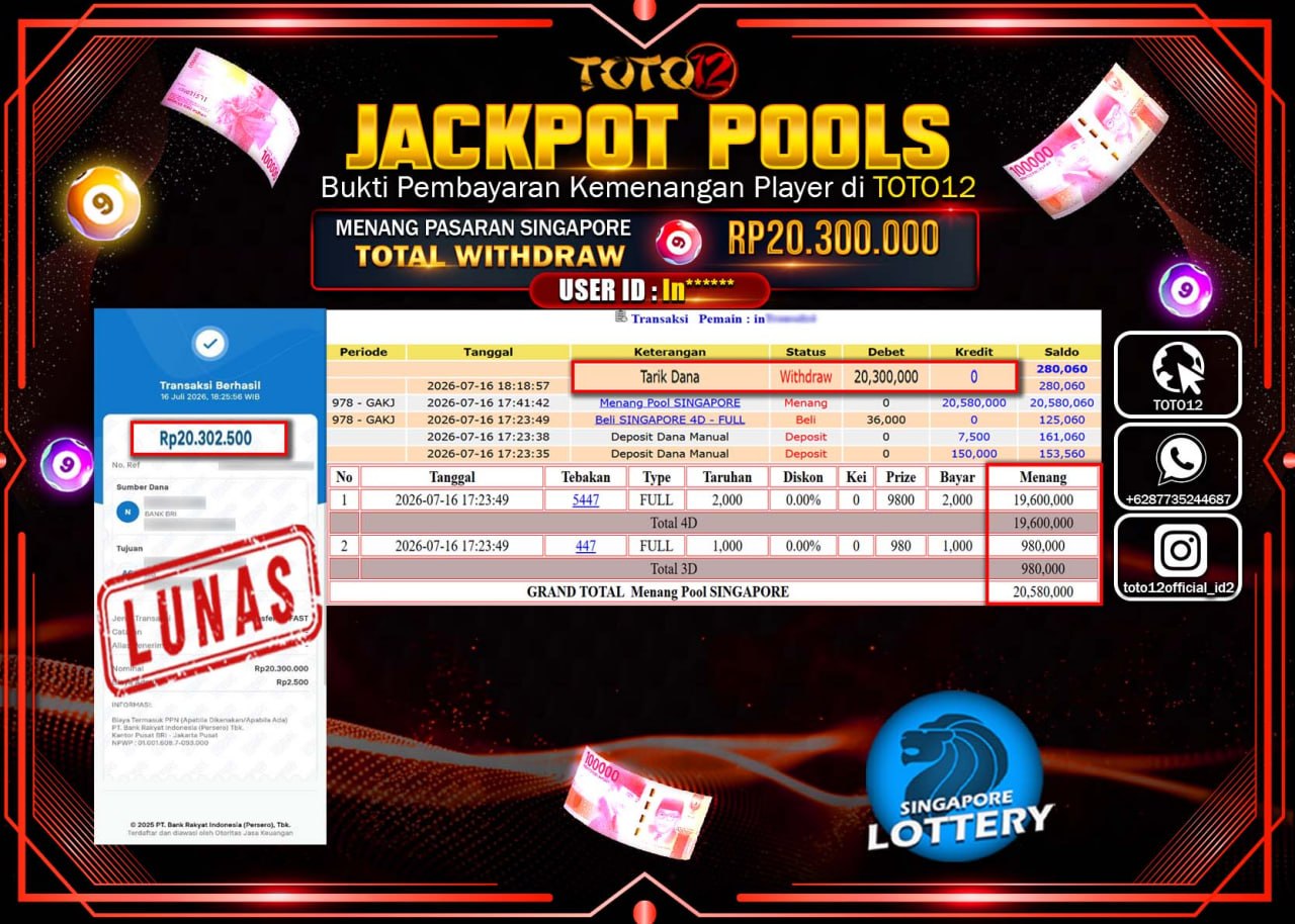 HANYA DI TOTO12 JP PASTI DI BAYAR LUNAS DAN CEPAT!!!!!! JACKPOT POOLS PASARAN (SINGAPORE) Rp20.300.000!!!!