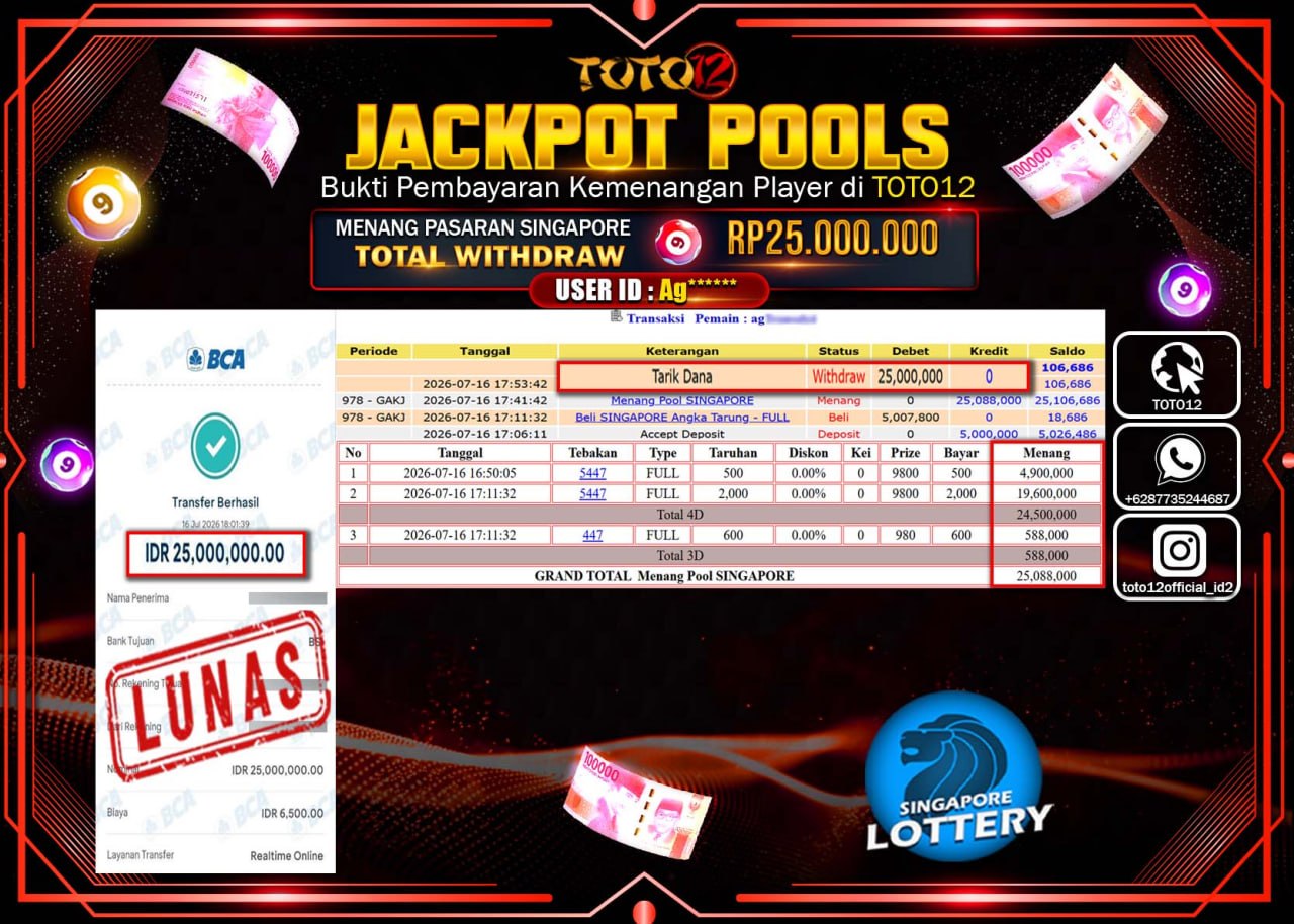 HANYA DI TOTO12 JP PASTI DI BAYAR LUNAS DAN CEPAT!!!!!! JACKPOT POOLS PASARAN (SINGAPORE) Rp25.000.000!!!!