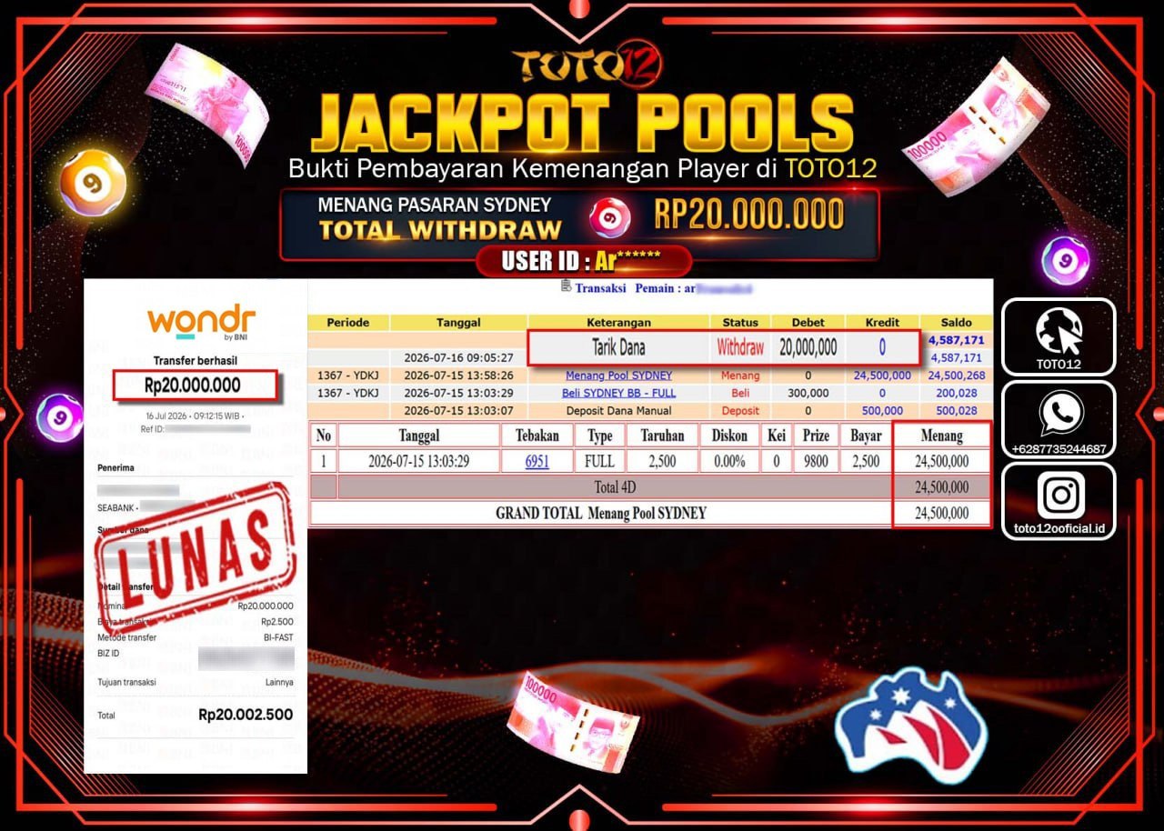 HANYA DI TOTO12 JP PASTI DI BAYAR LUNAS DAN CEPAT!!!!!! JACKPOT POOLS PASARAN (SYDNEY) Rp20.000.000!!!!