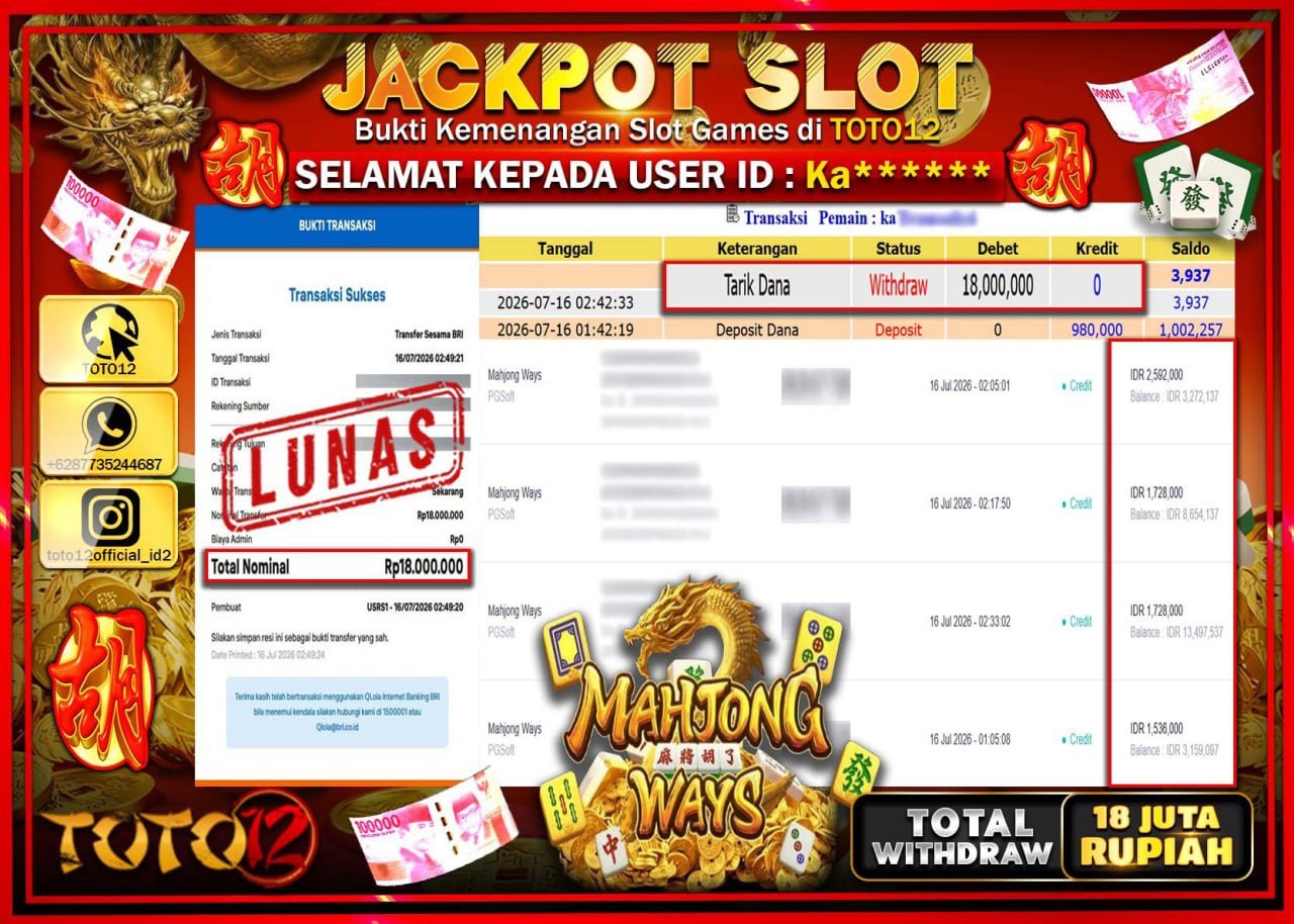 HANYA DI TOTO12 JP PASTI DI BAYAR LUNAS DAN CEPAT!!!!!! JACKPOT SLOT GAME (MAHJONG WAYS) Rp18.000.000!!!!