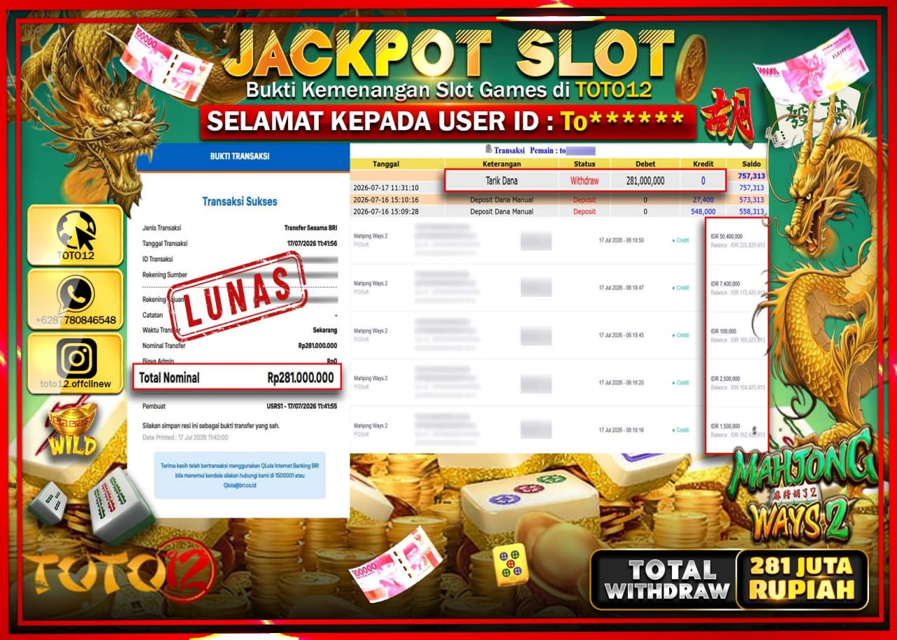 HANYA DI TOTO12 JP PASTI DI BAYAR LUNAS DAN CEPAT!!!!!! JACKPOT SLOT GAME (MAHJONG WAYS 2) Rp281.000.000!!!!