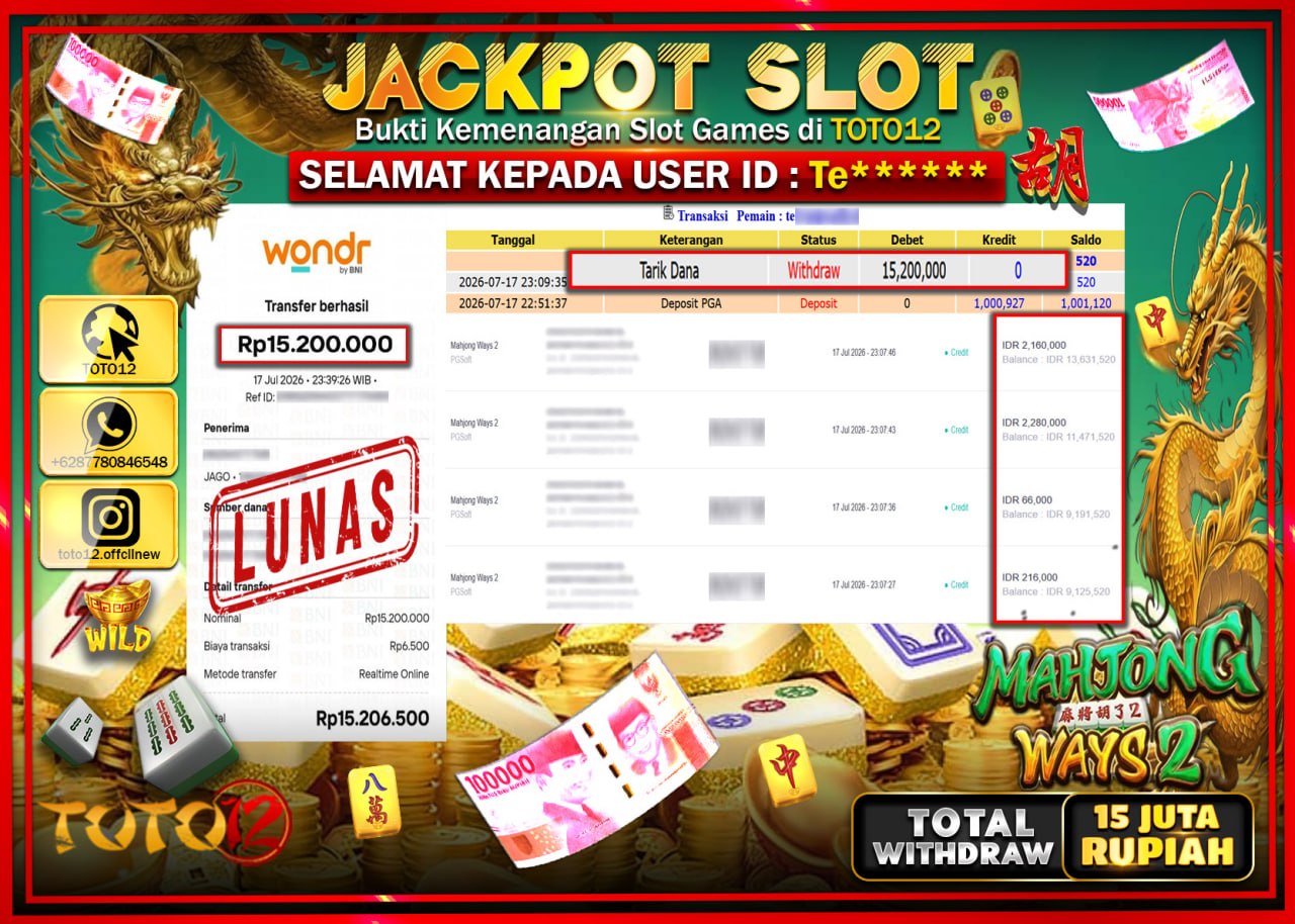 HANYA DI TOTO12 JP PASTI DI BAYAR LUNAS DAN CEPAT!!!!!! JACKPOT SLOT GAME (MAHJONG WAYS 2) Rp15.200.000!!!!