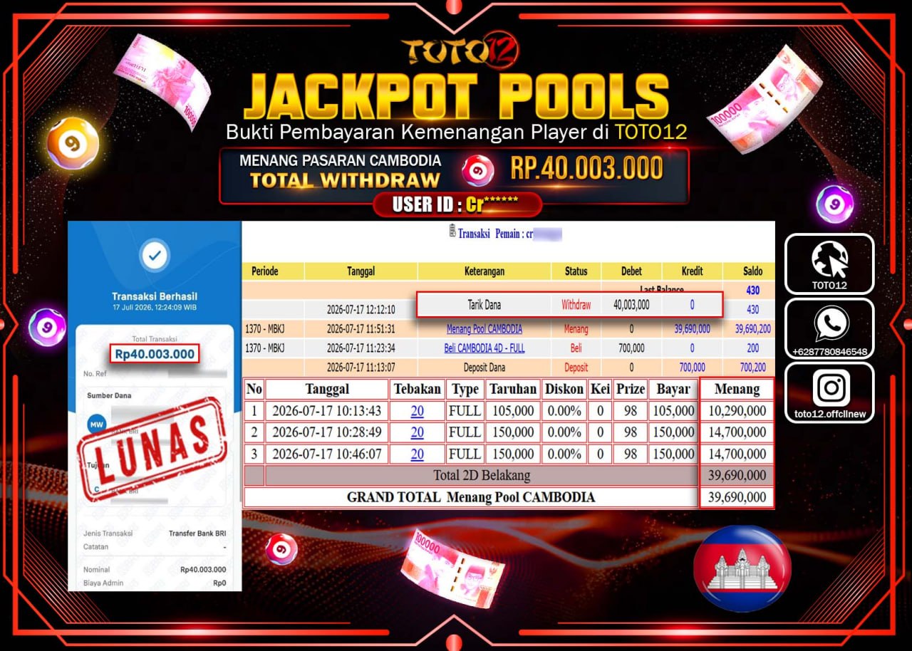 HANYA DI TOTO12 JP PASTI DI BAYAR LUNAS DAN CEPAT!!!!!! JACKPOT POOLS PASARAN (CAMBODIA) Rp40.003.000!!!!
