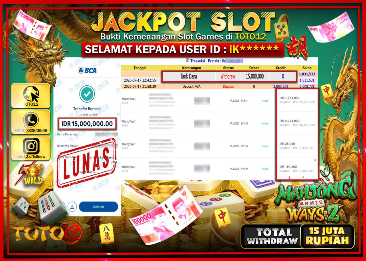 HANYA DI TOTO12 JP PASTI DI BAYAR LUNAS DAN CEPAT!!!!!! JACKPOT SLOT GAME (MAHJONG WAYS 2) Rp15.000.000!!!!