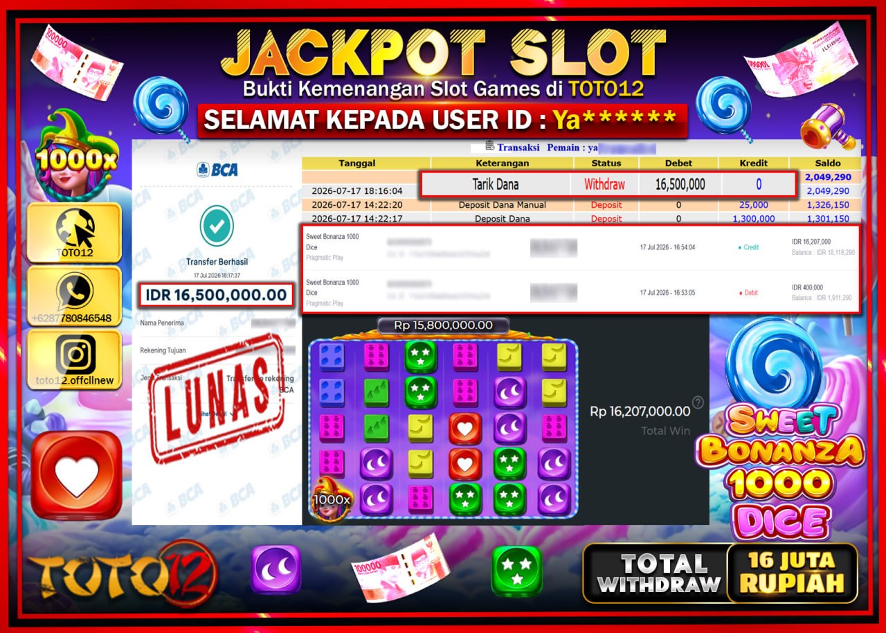 HANYA DI TOTO12 JP PASTI DI BAYAR LUNAS DAN CEPAT!!!!!! JACKPOT SLOT GAME (SWEET BONANZA 1000 DICE) Rp16.500.000!!!!