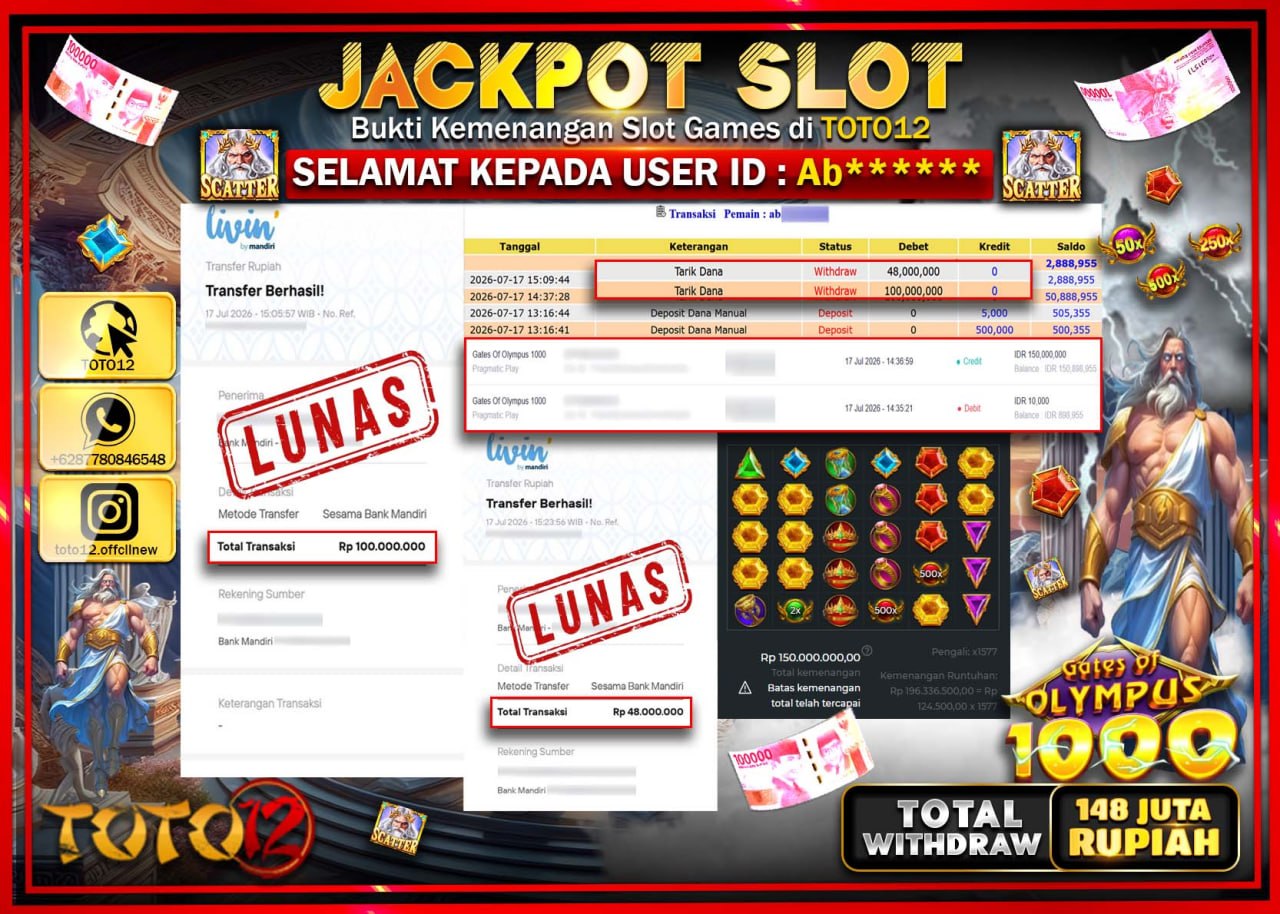 HANYA DI TOTO12 JP PASTI DI BAYAR LUNAS DAN CEPAT!!!!!! JACKPOT SLOT GAME (GATES OF OLYMPUS 1000) Rp148.000.000!!!!