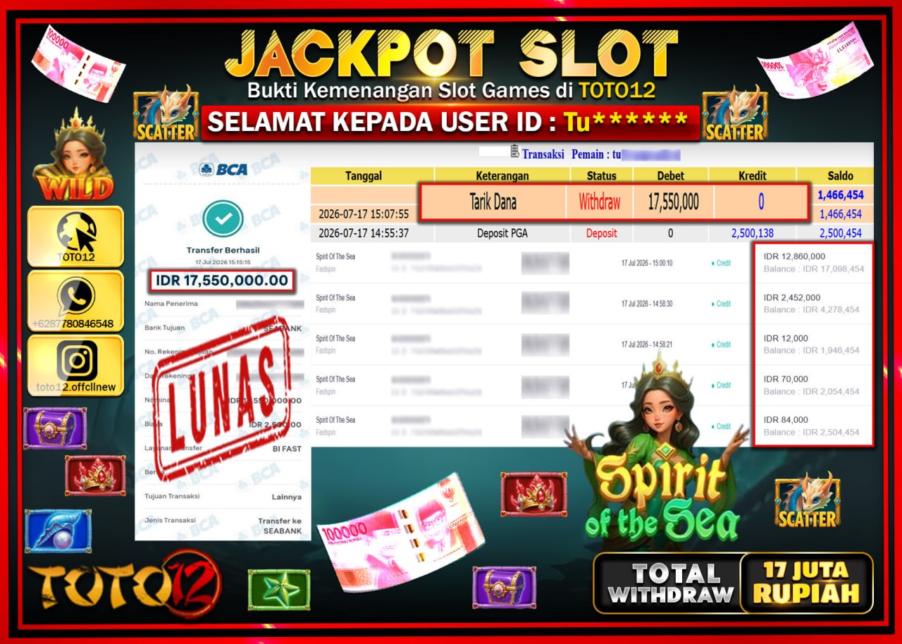 HANYA DI TOTO12 JP PASTI DI BAYAR LUNAS DAN CEPAT!!!!!! JACKPOT SLOT GAME (SPIRIT OF THE SEA) Rp17.550.000!!!!