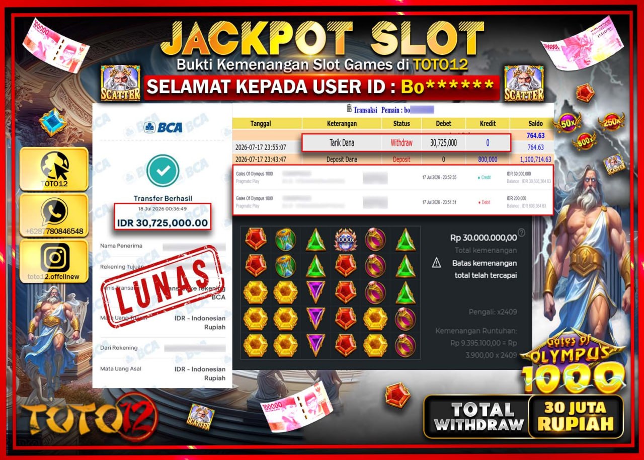 HANYA DI TOTO12 JP PASTI DI BAYAR LUNAS DAN CEPAT!!!!!! JACKPOT SLOT GAME (GATES OF OLYMPUS 1000) Rp30.725.000!!!!