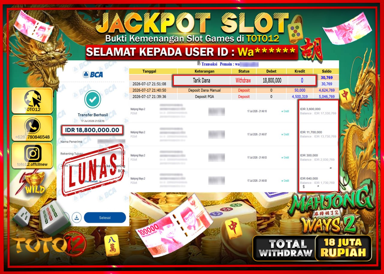HANYA DI TOTO12 JP PASTI DI BAYAR LUNAS DAN CEPAT!!!!!! JACKPOT SLOT GAME (MAHJONG WAYS 2) Rp18.800.000!!!!