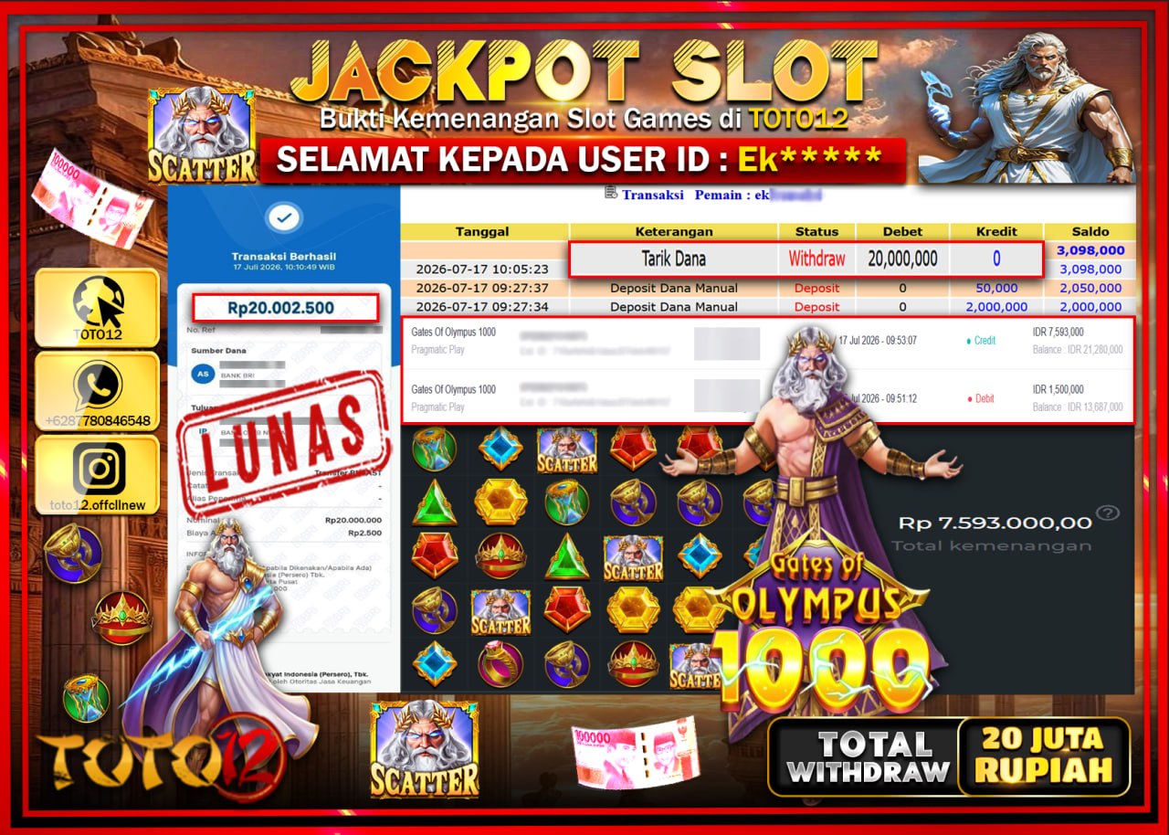 HANYA DI TOTO12 JP PASTI DI BAYAR LUNAS DAN CEPAT!!!!!! JACKPOT SLOT GAME (GATES OF OLYMPUS 1000) Rp20.000.000!!!!