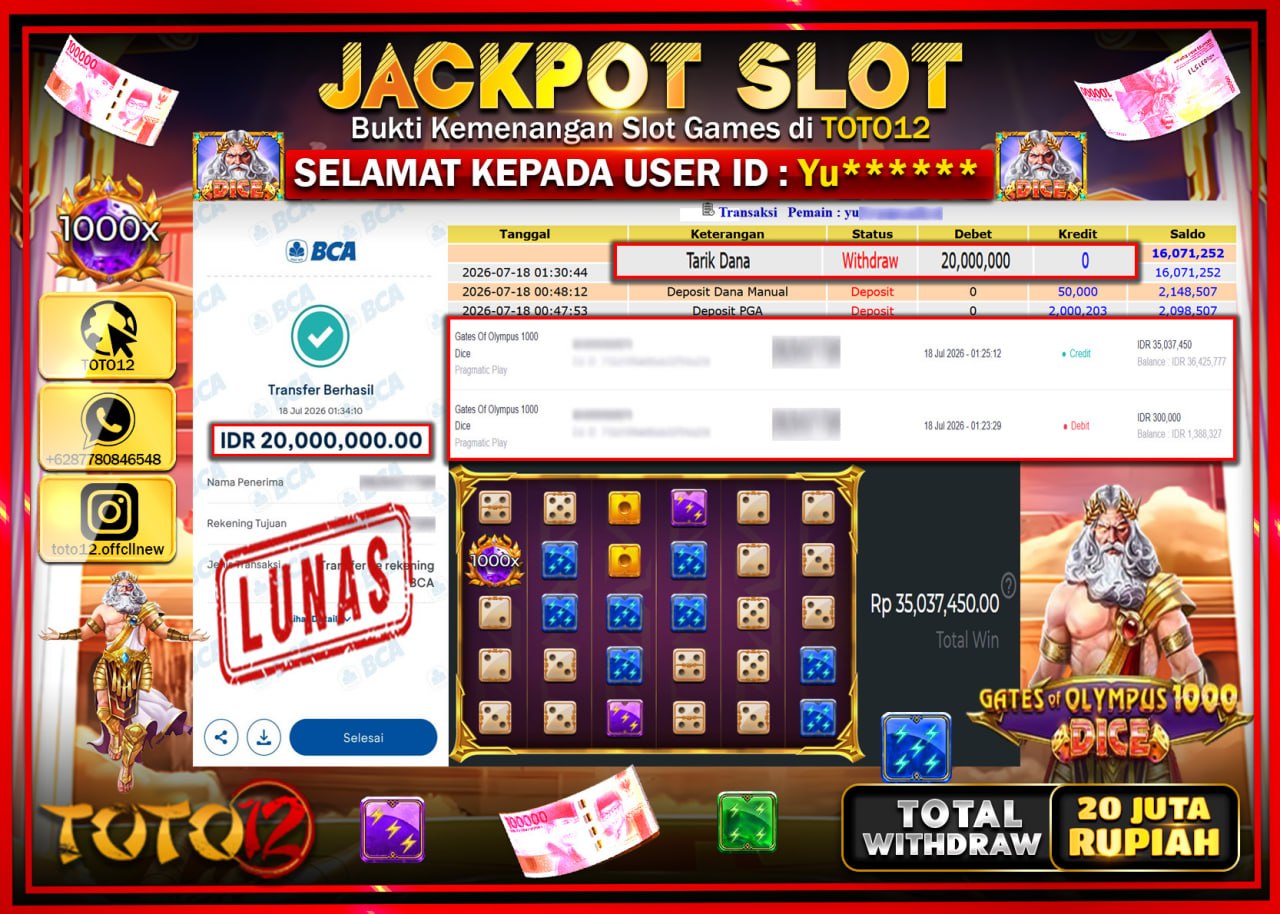 HANYA DI TOTO12 JP PASTI DI BAYAR LUNAS DAN CEPAT!!!!!! JACKPOT SLOT GAME (GATES OF OLYMPUS 1000 DICE) Rp20.000.000!!!!
