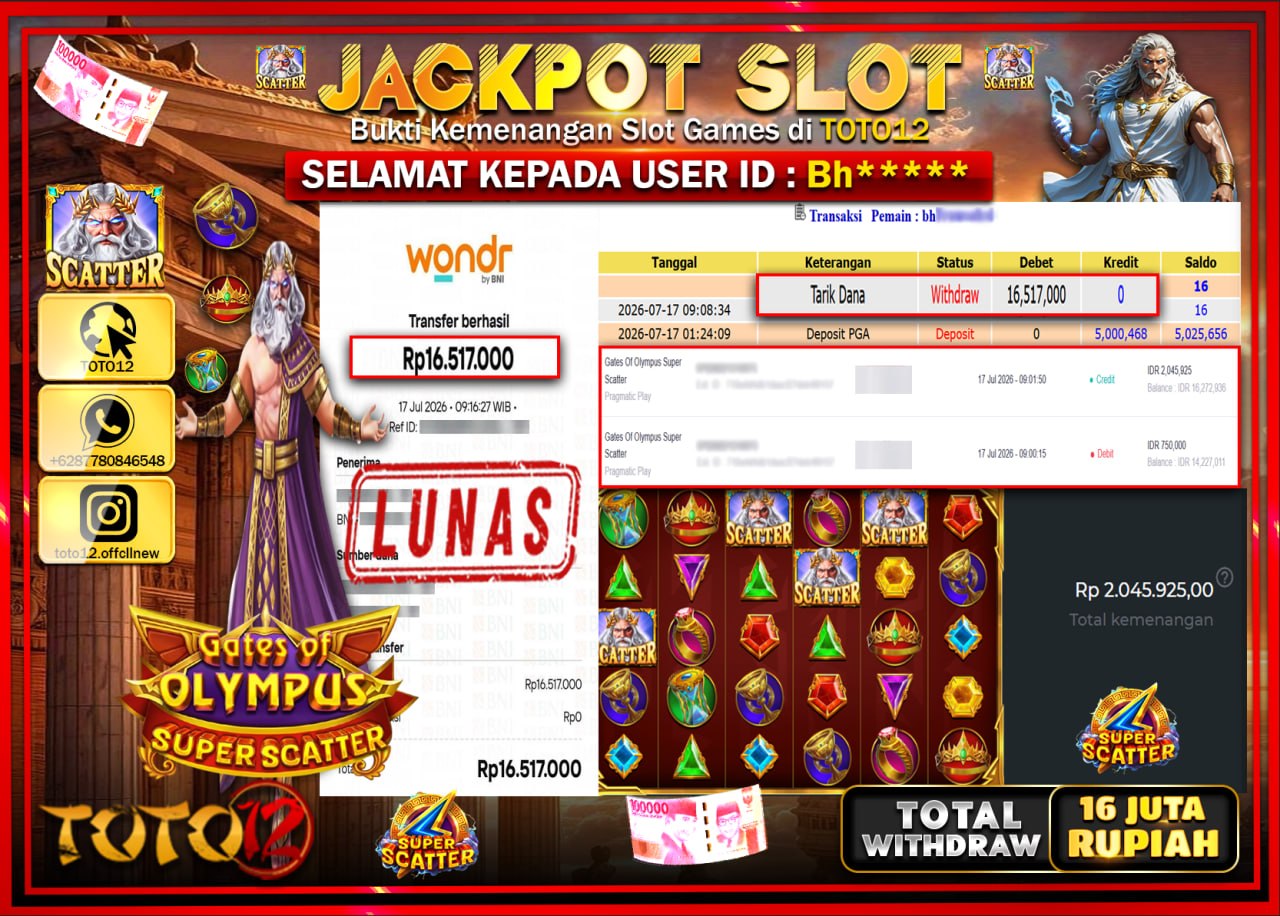 HANYA DI TOTO12 JP PASTI DI BAYAR LUNAS DAN CEPAT!!!!!! JACKPOT SLOT GAME (GATES OF OLYMPUS SUPER SCATTER) Rp16.517.000!!!!