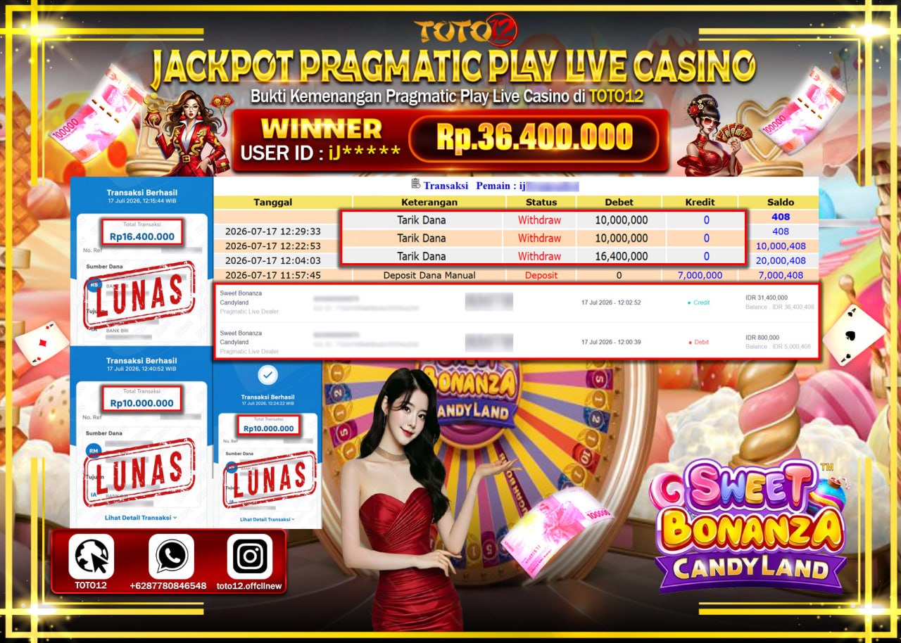 HANYA DI TOTO12 JP PASTI DI BAYAR LUNAS DAN CEPAT!!!!!! JACKPOT PRAGMATIC PLAY LIVE GAME CASINO (SWEET BONANZA CANDYLAND) Rp36.400.000!!!!