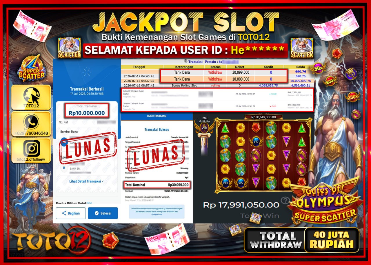 HANYA DI TOTO12 JP PASTI DI BAYAR LUNAS DAN CEPAT!!!!!! JACKPOT SLOT GAME (GATES OF OLYMPUS SUPER SCATTER) Rp40.099.000!!!!