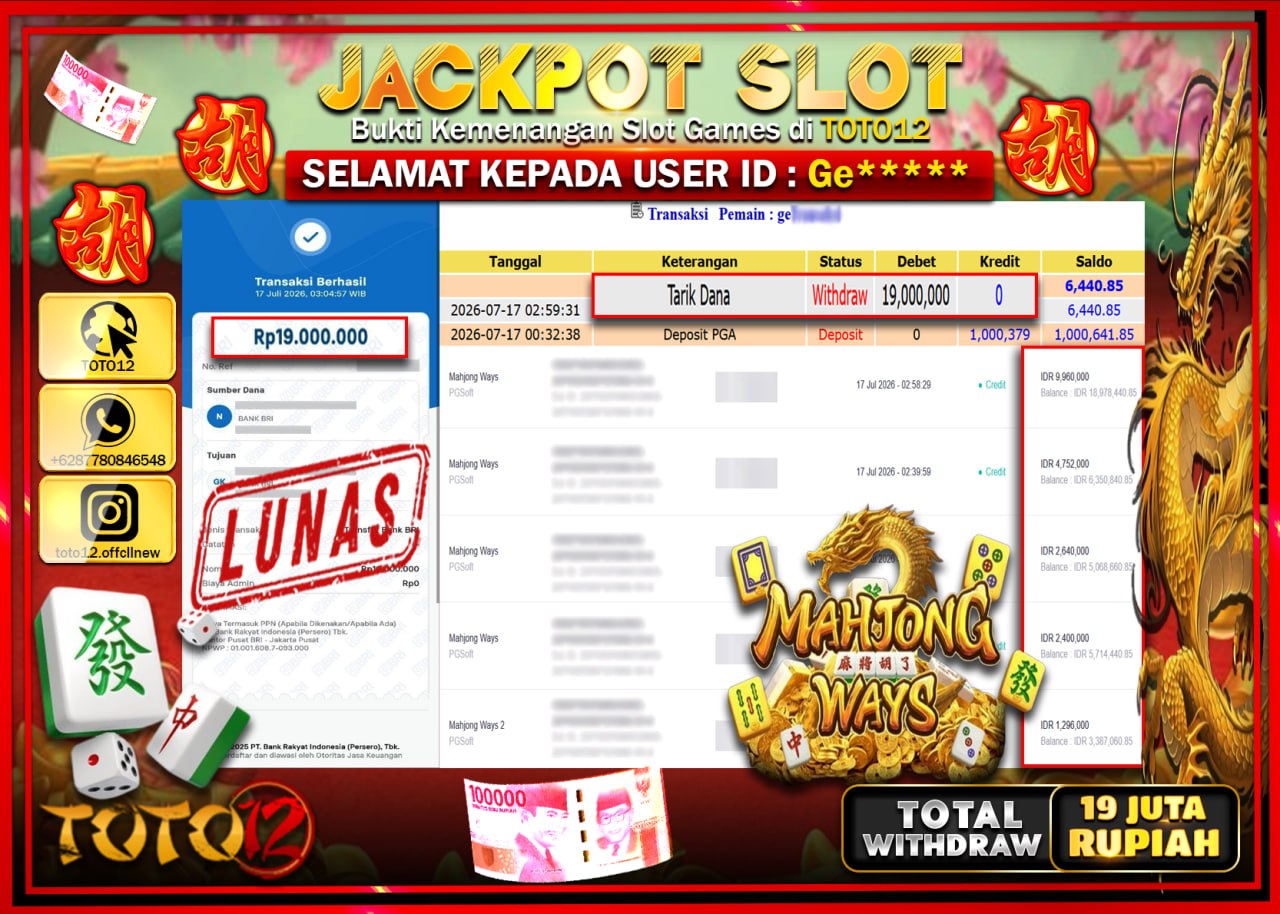 HANYA DI TOTO12 JP PASTI DI BAYAR LUNAS DAN CEPAT!!!!!! JACKPOT SLOT GAME (MAHJONG WAYS) Rp19.000.000!!!!