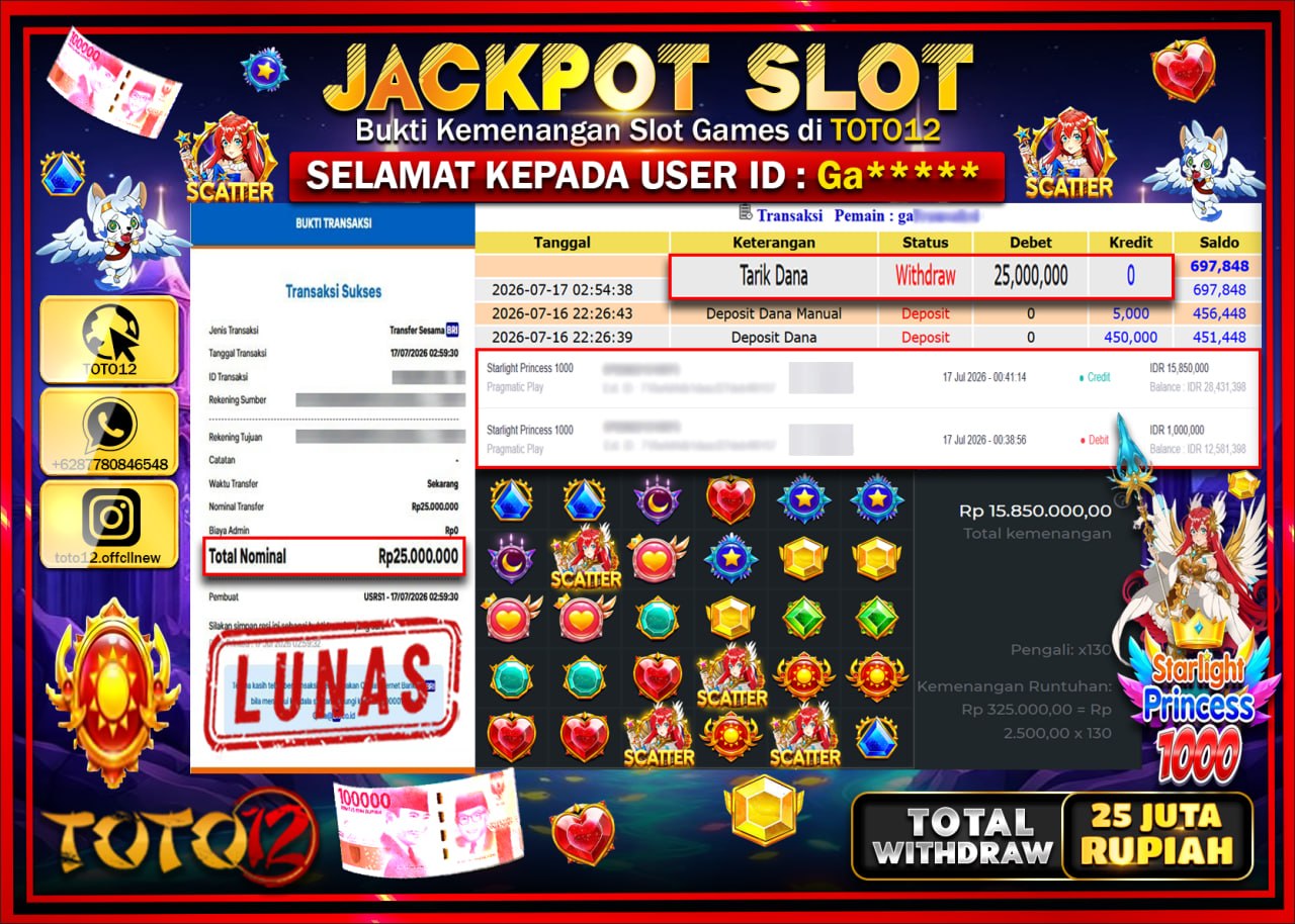 HANYA DI TOTO12 JP PASTI DI BAYAR LUNAS DAN CEPAT!!!!!! JACKPOT SLOT GAME (STARLIGHT PRICESS 1000) Rp25.000.000!!!!