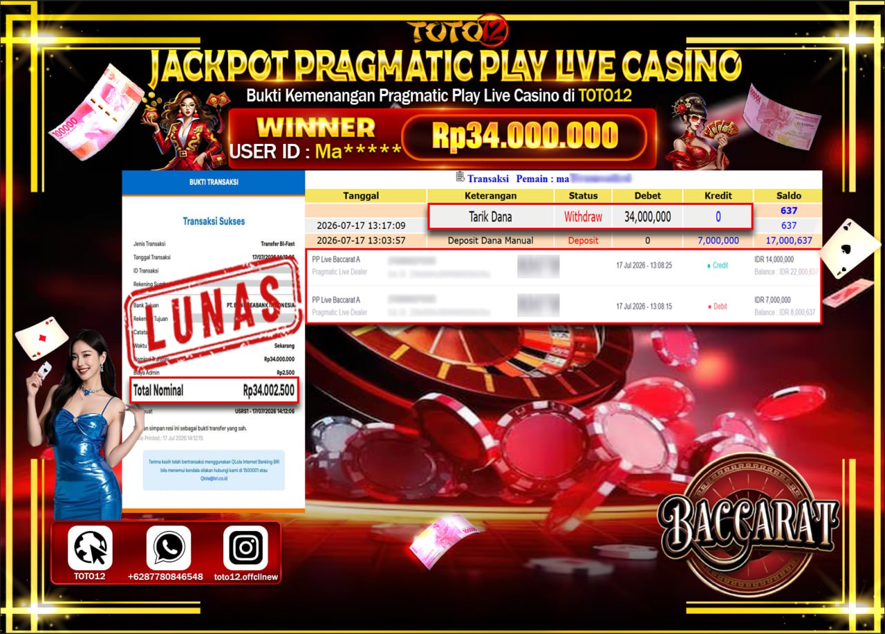HANYA DI TOTO12 JP PASTI DI BAYAR LUNAS DAN CEPAT!!!!!! JACKPOT PRAGMATIC PLAY LIVE GAME CASINO (PP LIVE BACCARAT A) Rp34.000.000!!!!