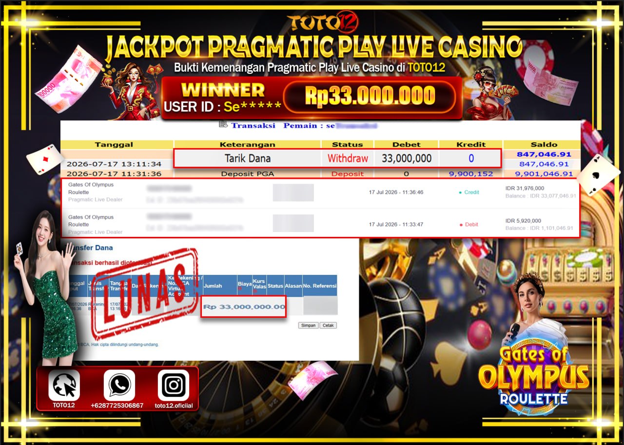 HANYA DI TOTO12 JP PASTI DI BAYAR LUNAS DAN CEPAT!!!!!! JACKPOT PRAGMATIC PLAY LIVE GAME CASINO (GATES OF OLYMPUS ROULETTE) Rp33.000.000!!!!