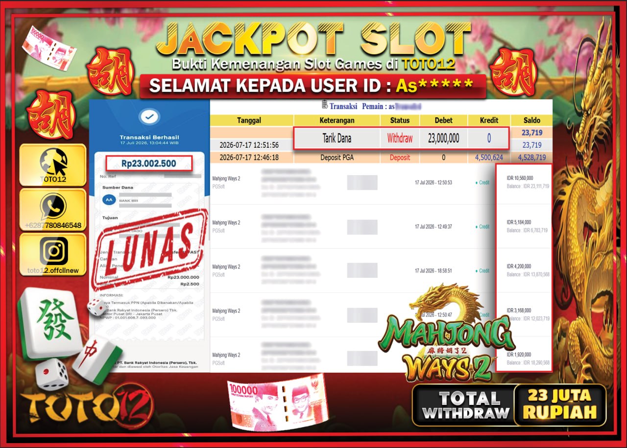 HANYA DI TOTO12 JP PASTI DI BAYAR LUNAS DAN CEPAT!!!!!! JACKPOT SLOT GAME (MAHJONG WAYS 2) Rp23.000.000!!!!