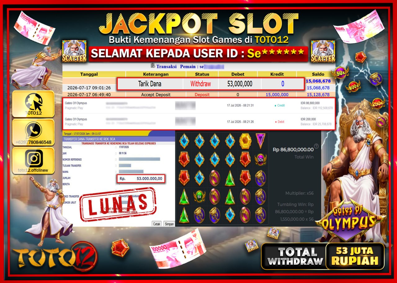 HANYA DI TOTO12 JP PASTI DI BAYAR LUNAS DAN CEPAT!!!!!! JACKPOT SLOT GAME (GATES OF OLYMPUS) Rp53.000.000!!!!