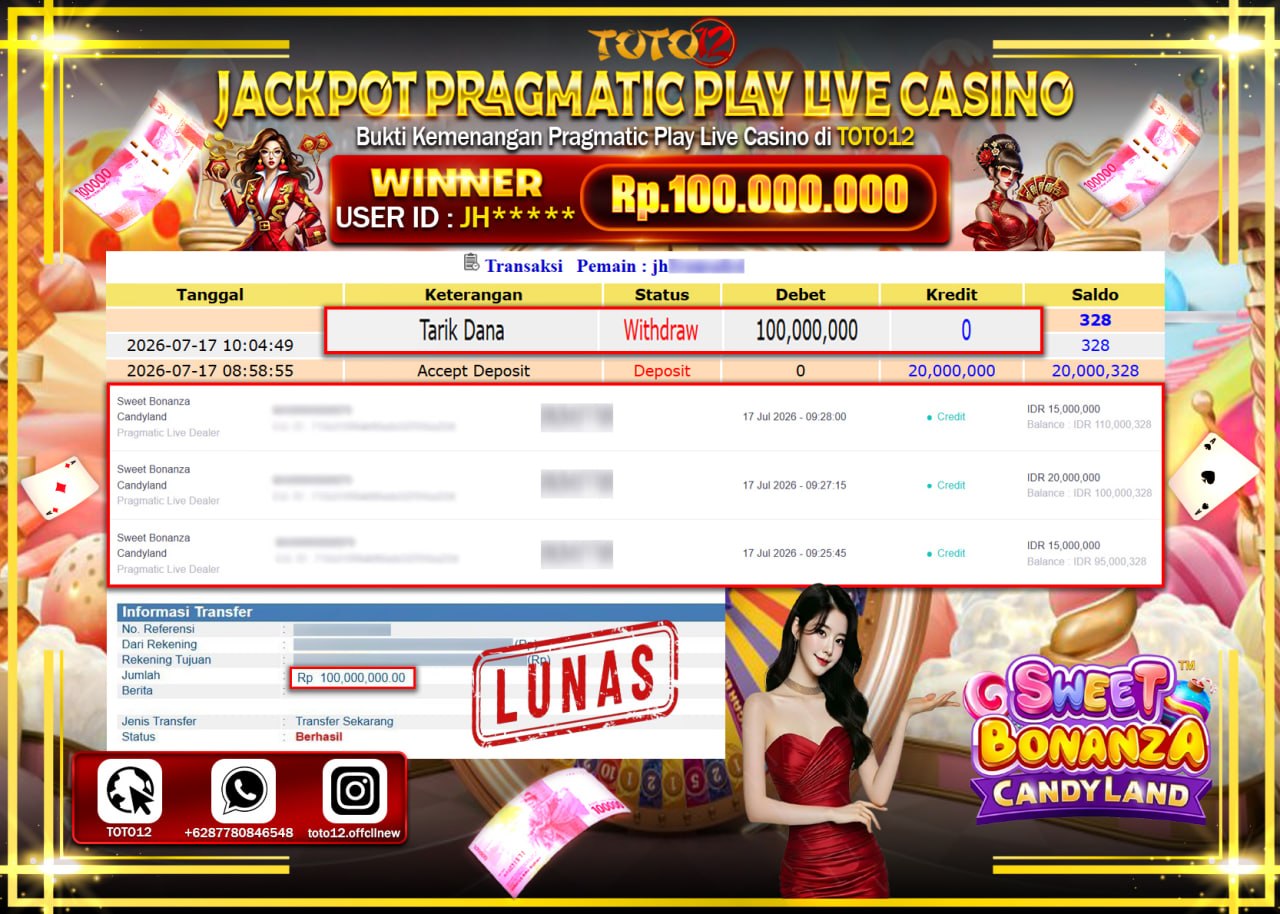 HANYA DI TOTO12 JP PASTI DI BAYAR LUNAS DAN CEPAT!!!!!! JACKPOT PRAGMATIC PLAY LIVE GAME CASINO (SWEETY BONANZA CANDYLAND) Rp100.000.000!!!!
