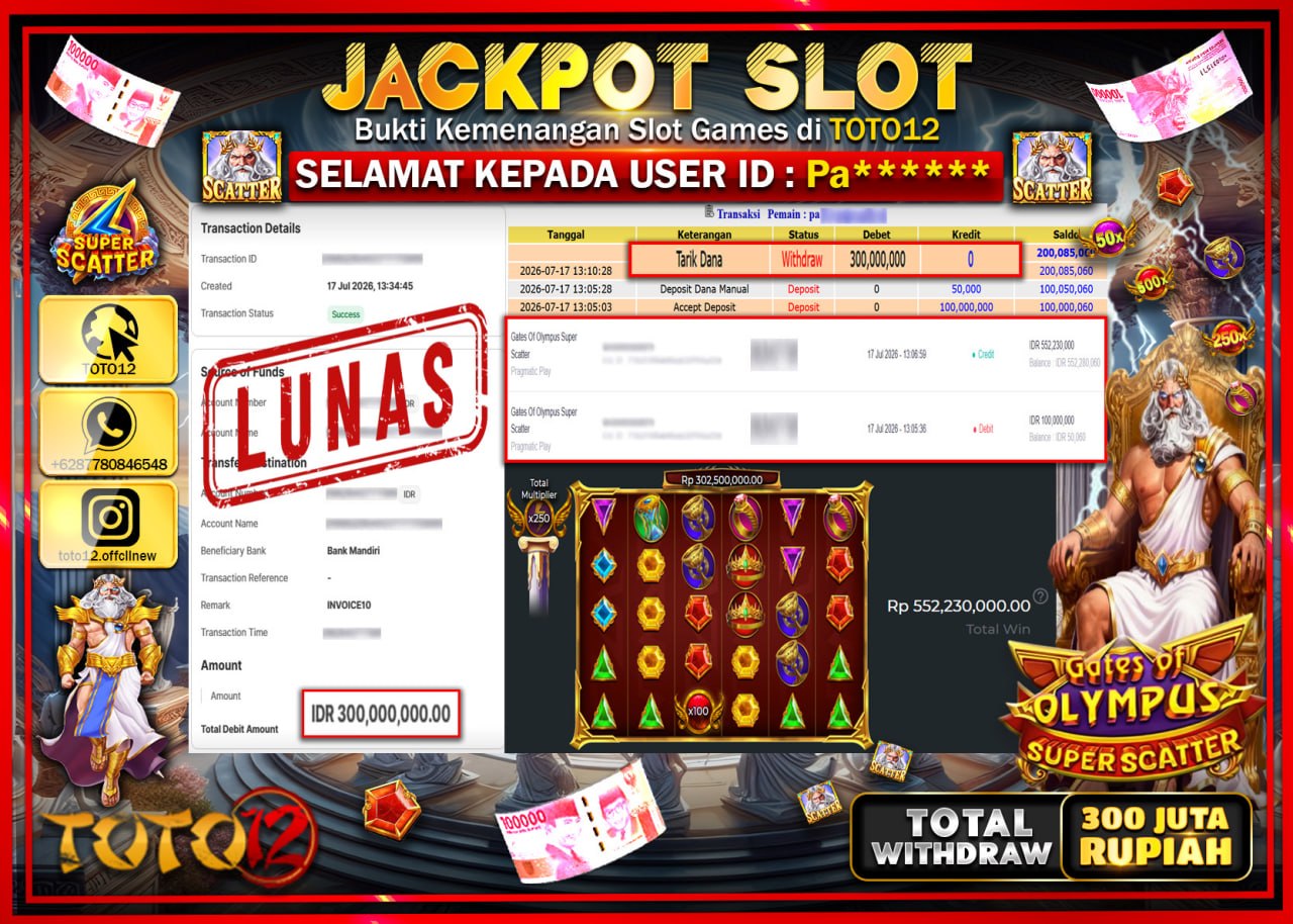 HANYA DI TOTO12 JP PASTI DI BAYAR LUNAS DAN CEPAT!!!!!! JACKPOT SLOT GAME (GATES OF OLYMPUS SUPER SCATTER) Rp300.000.000!!!!
