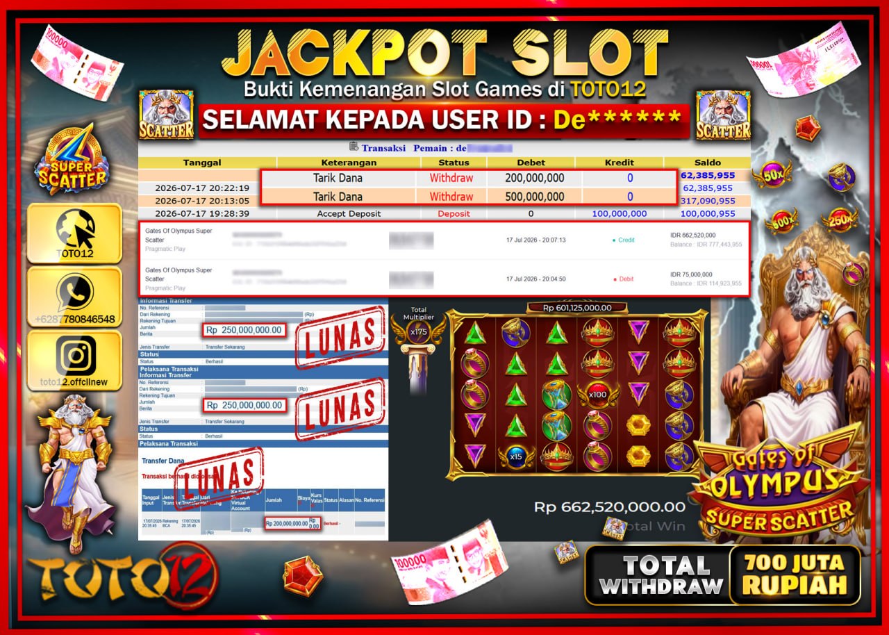 HANYA DI TOTO12 JP PASTI DI BAYAR LUNAS DAN CEPAT!!!!!! JACKPOT SLOT GAME (GATES OF OLYMPUS SUPER SCATTER) Rp700.000.000!!!!