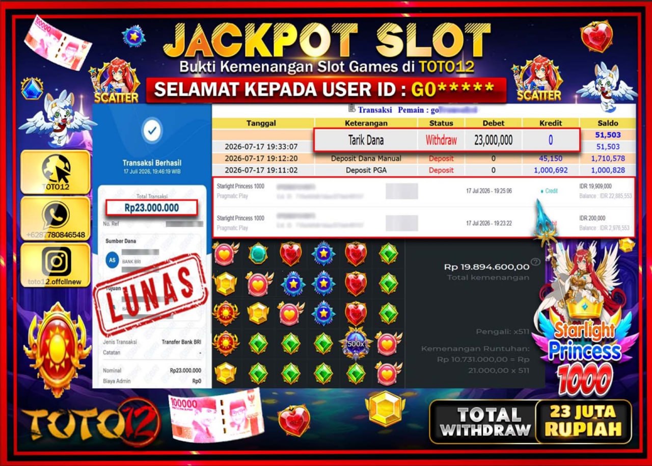 HANYA DI TOTO12 JP PASTI DI BAYAR LUNAS DAN CEPAT!!!!!! JACKPOT SLOT GAME (STARLIGHT PRINCESS 1000) Rp23.000.000!!!!