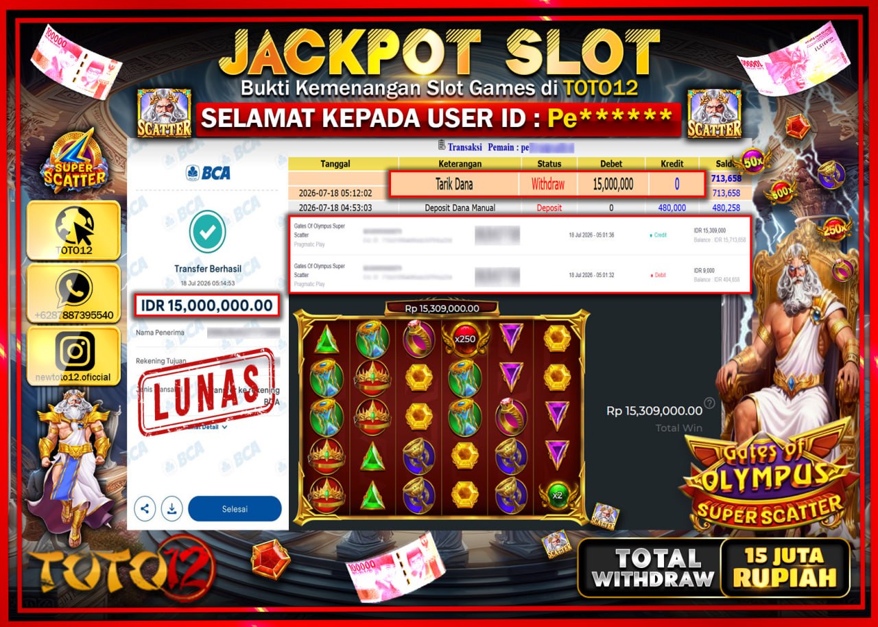 HANYA DI TOTO12 JP PASTI DI BAYAR LUNAS DAN CEPAT!!!!!! JACKPOT SLOT GAME (GATES OF OLYMPUS SUPER SCATTER) Rp15.000.000!!!!