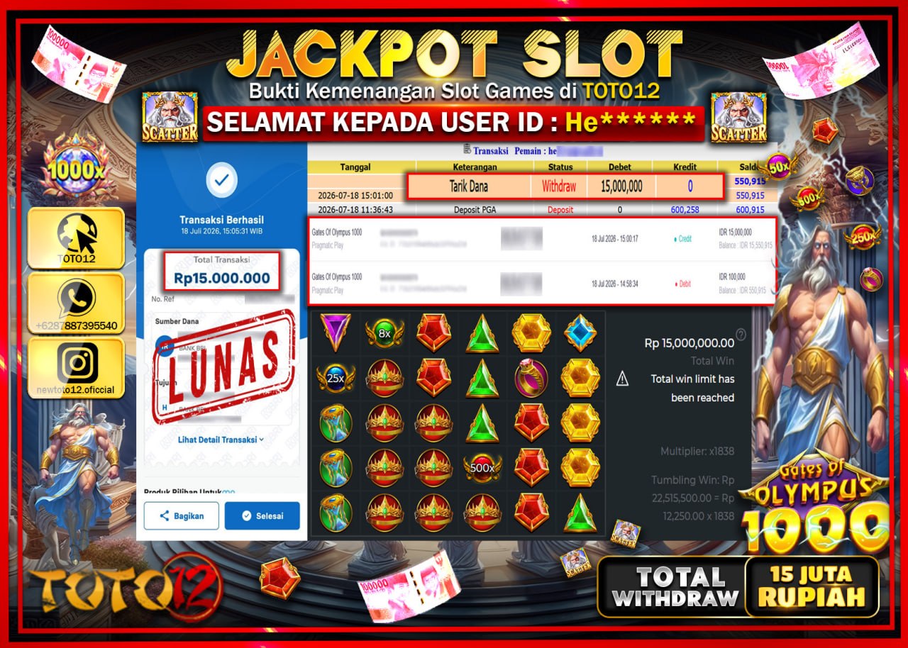 HANYA DI TOTO12 JP PASTI DI BAYAR LUNAS DAN CEPAT!!!!!! JACKPOT SLOT GAME (GATES OF OLYMPUS 1000) Rp15.000.000!!!!