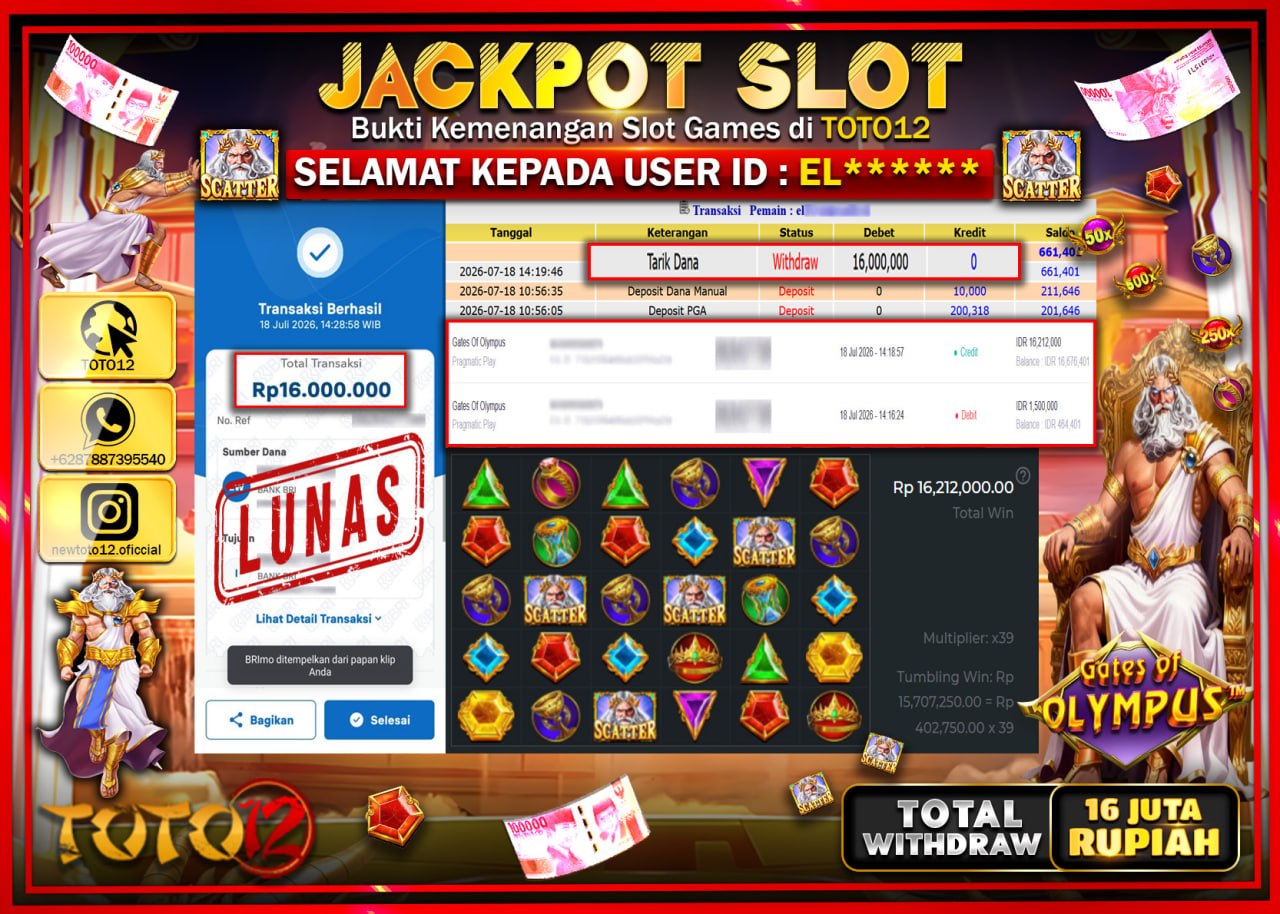 HANYA DI TOTO12 JP PASTI DI BAYAR LUNAS DAN CEPAT!!!!!! JACKPOT SLOT GAME (GATES OF OLYMPUS) Rp16.000.000!!!!