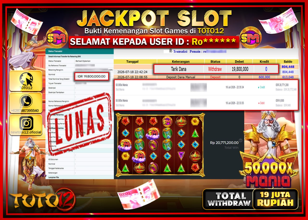 HANYA DI TOTO12 JP PASTI DI BAYAR LUNAS DAN CEPAT!!!!!! JACKPOT SLOT GAME (50.000 x MANIA) Rp19.800.000!!!!