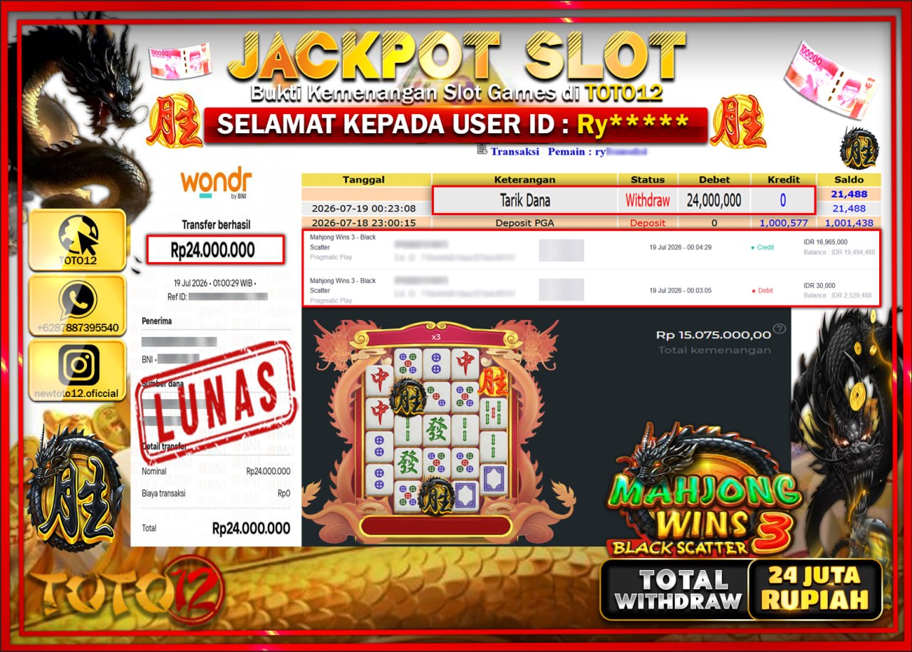 HANYA DI TOTO12 JP PASTI DI BAYAR LUNAS DAN CEPAT!!!!!! JACKPOT SLOT GAME (MAHJONG WINS 3 BLACK SCATTER) Rp24.000.000!!!!